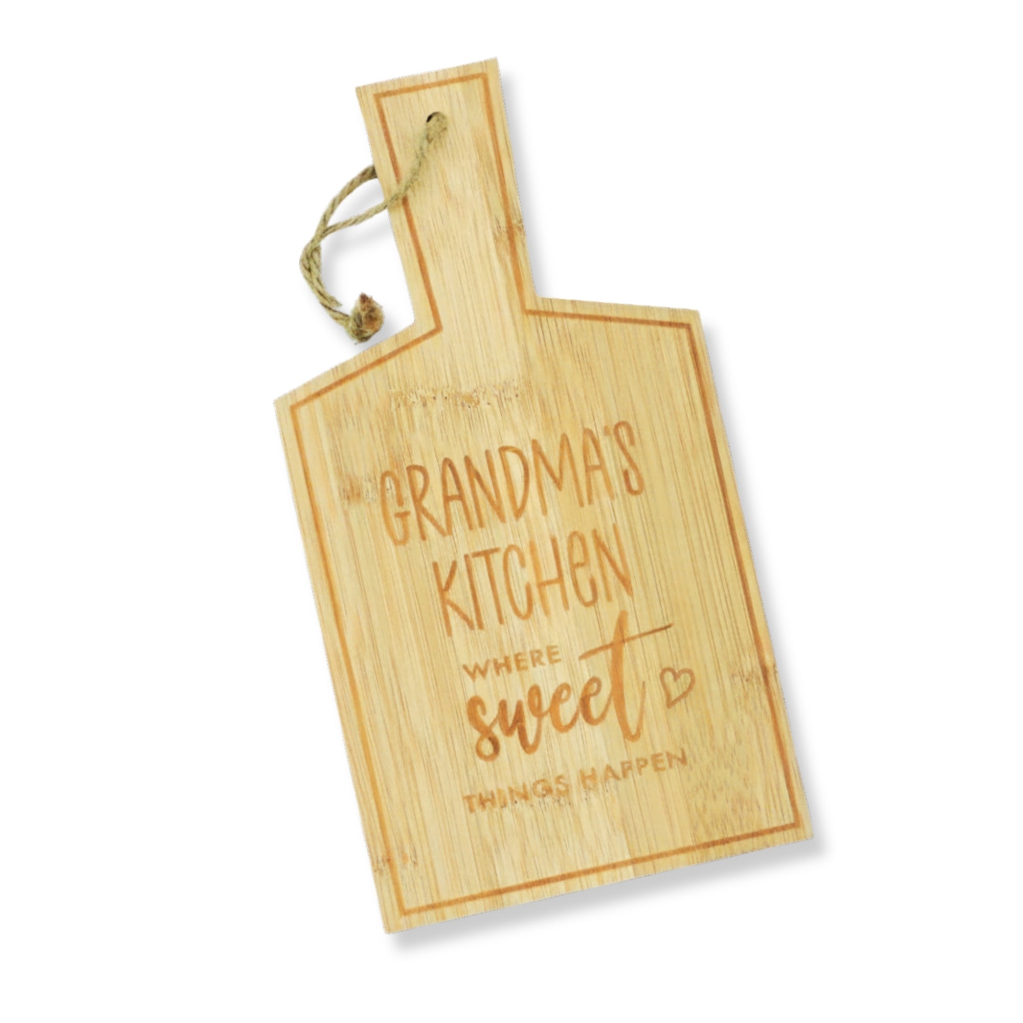 Grandma’s Kitchen Wall Plaque: A rustic wooden cutting board with a ribbon, featuring the phrase Grandma’s Kitchen – Where Sweet Things Happen. Perfect for gifting grandmothers.