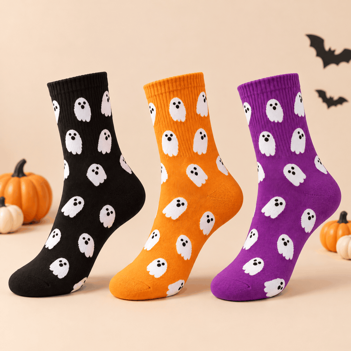 Halloween Ghost Socks in black, orange and purple featuring cute white ghost patterns