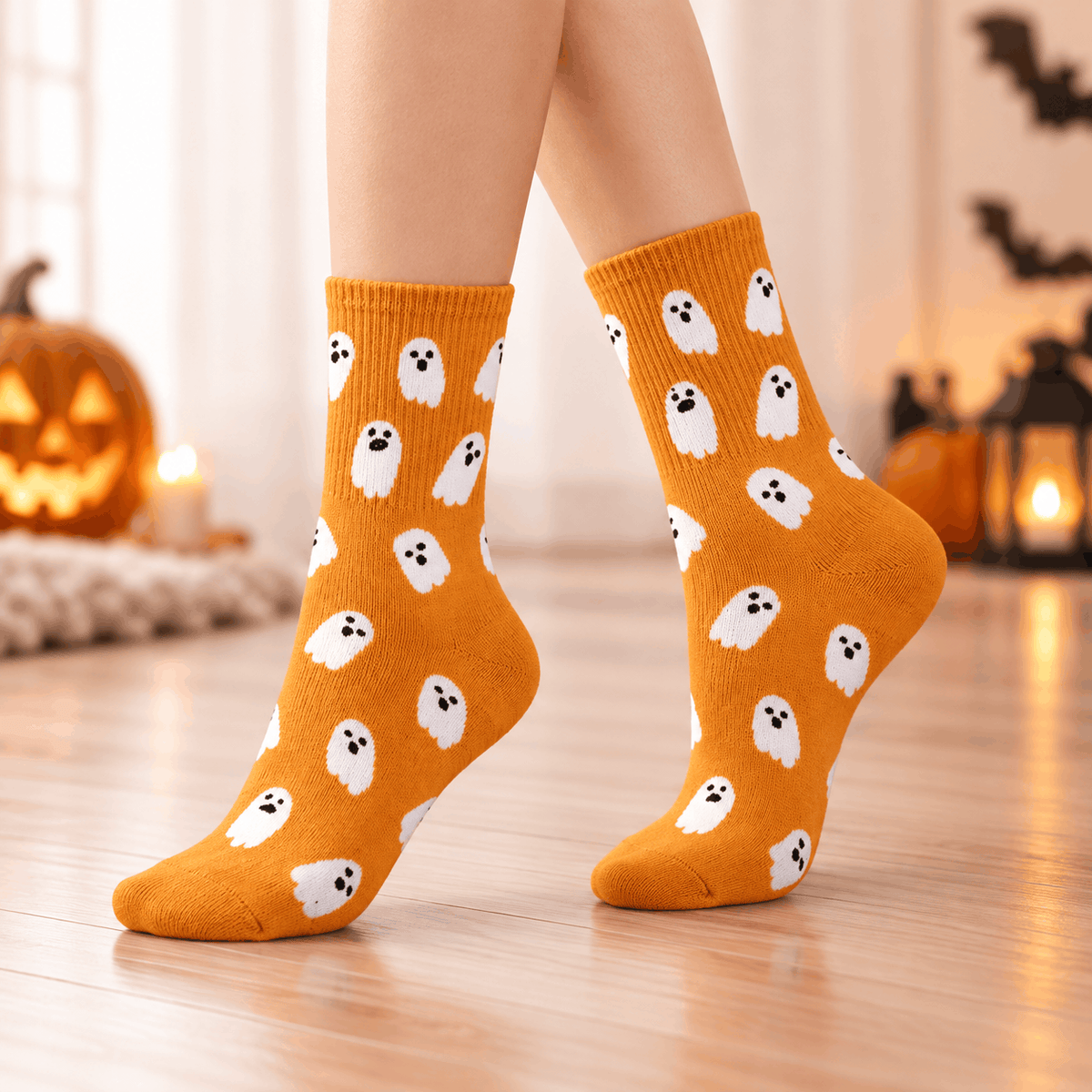 Halloween gifts for her featuring ghost socks in black, orange and purple, perfect for spooky season gift boxes