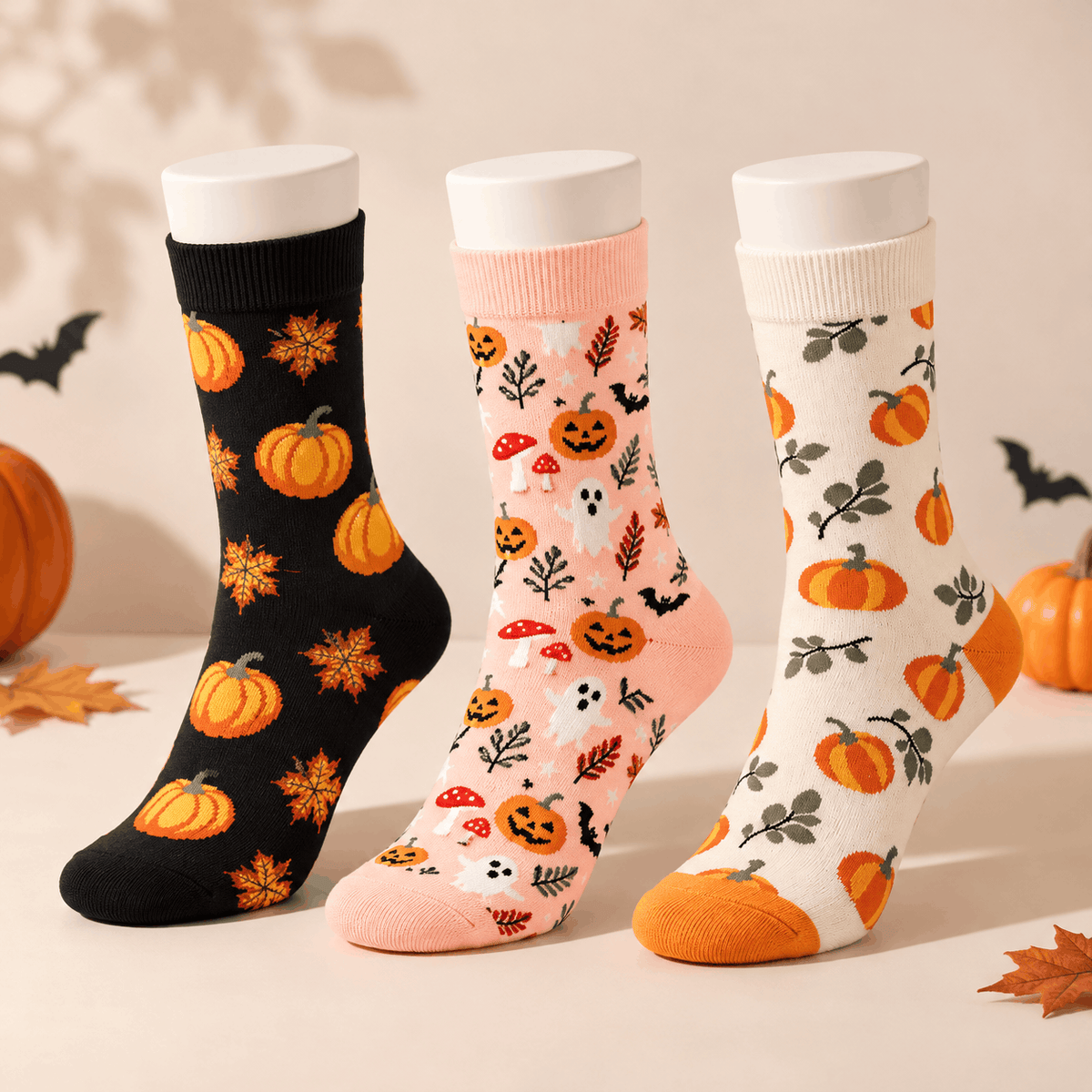 Halloween Pumpkin Socks in three autumn-inspired designs featuring pumpkins, falling leaves and spooky patterns