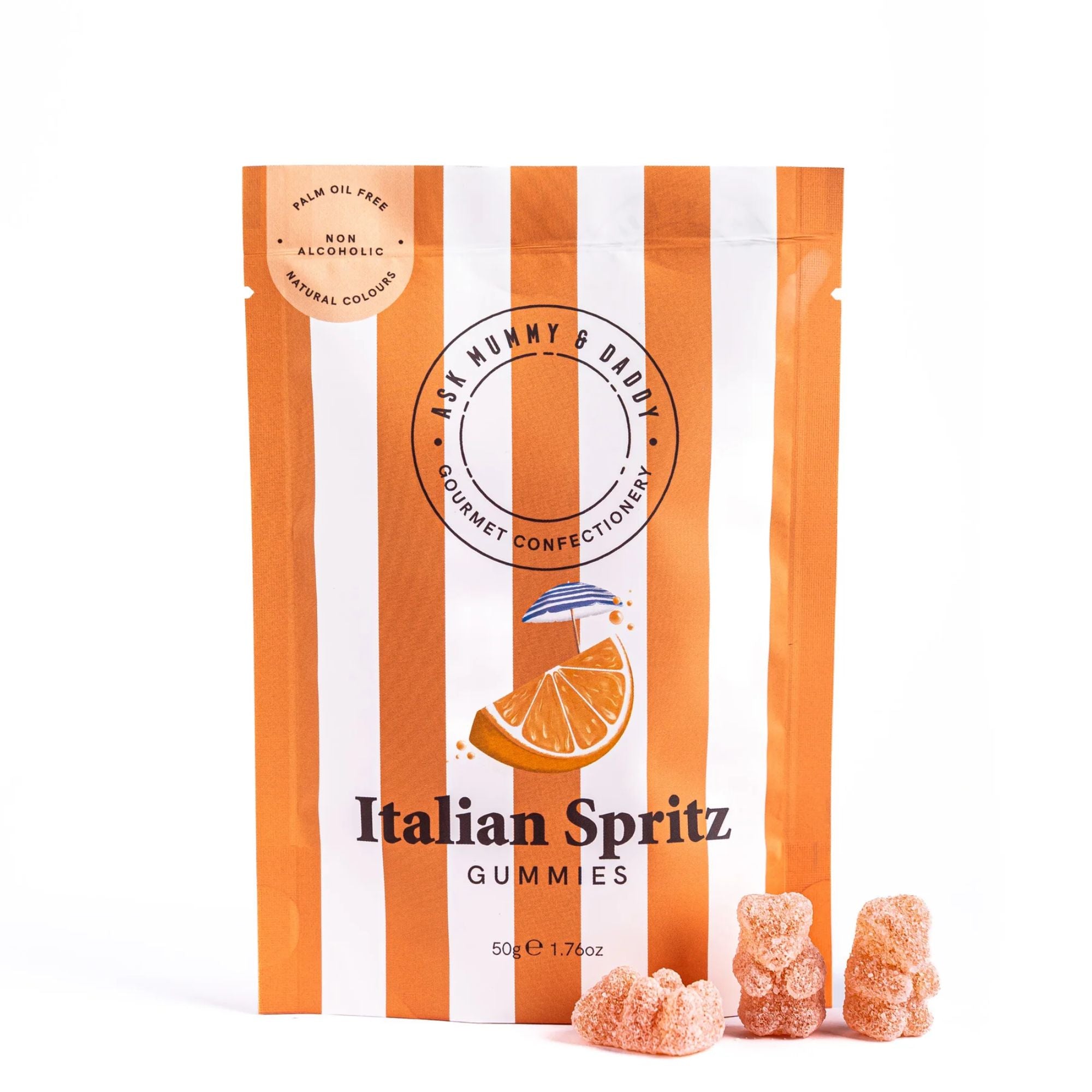 Italian Spritz Gummies close-up, showcasing a zesty orange slice, product label, and bear logo, highlighting their refreshing Italian aperitif flavors and guilt-free indulgence.