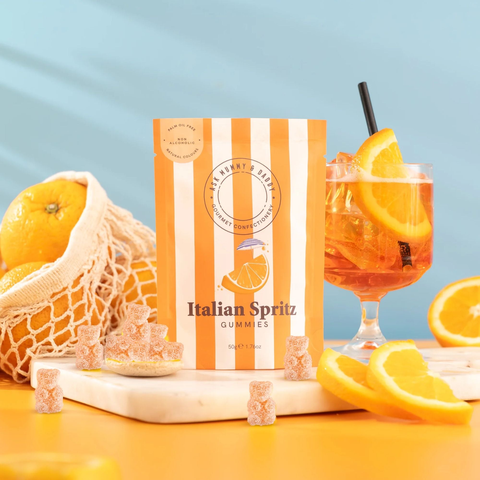 Italian Spritz Gummies close-up, highlighting their zesty orange flavor and hint of botanicals, embodying a classic Italian aperitif in gummy form.