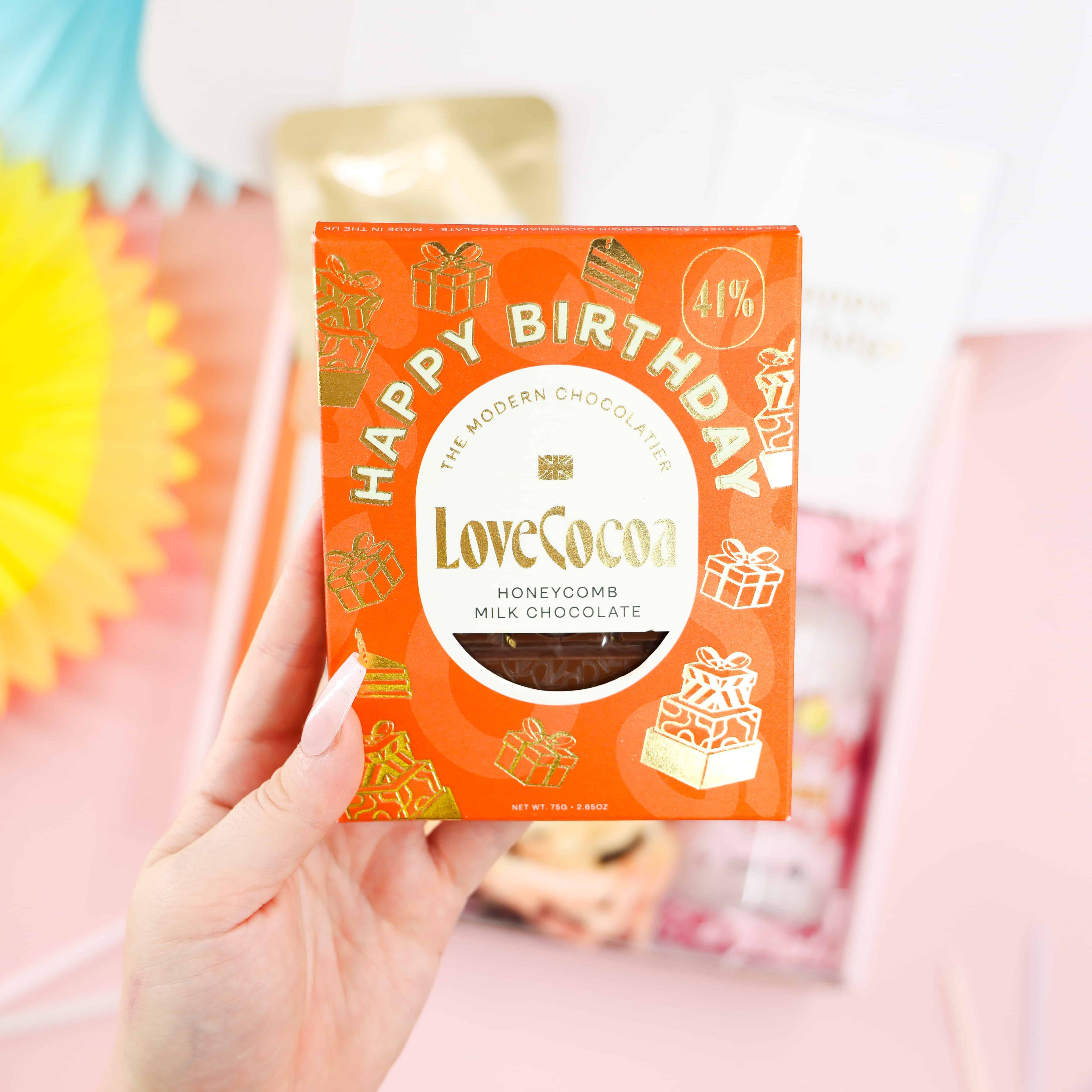 Love Cocoa Happy Birthday honeycomb milk chocolate – premium treat included in the Italian Spritz & Spa Birthday Gift Box.