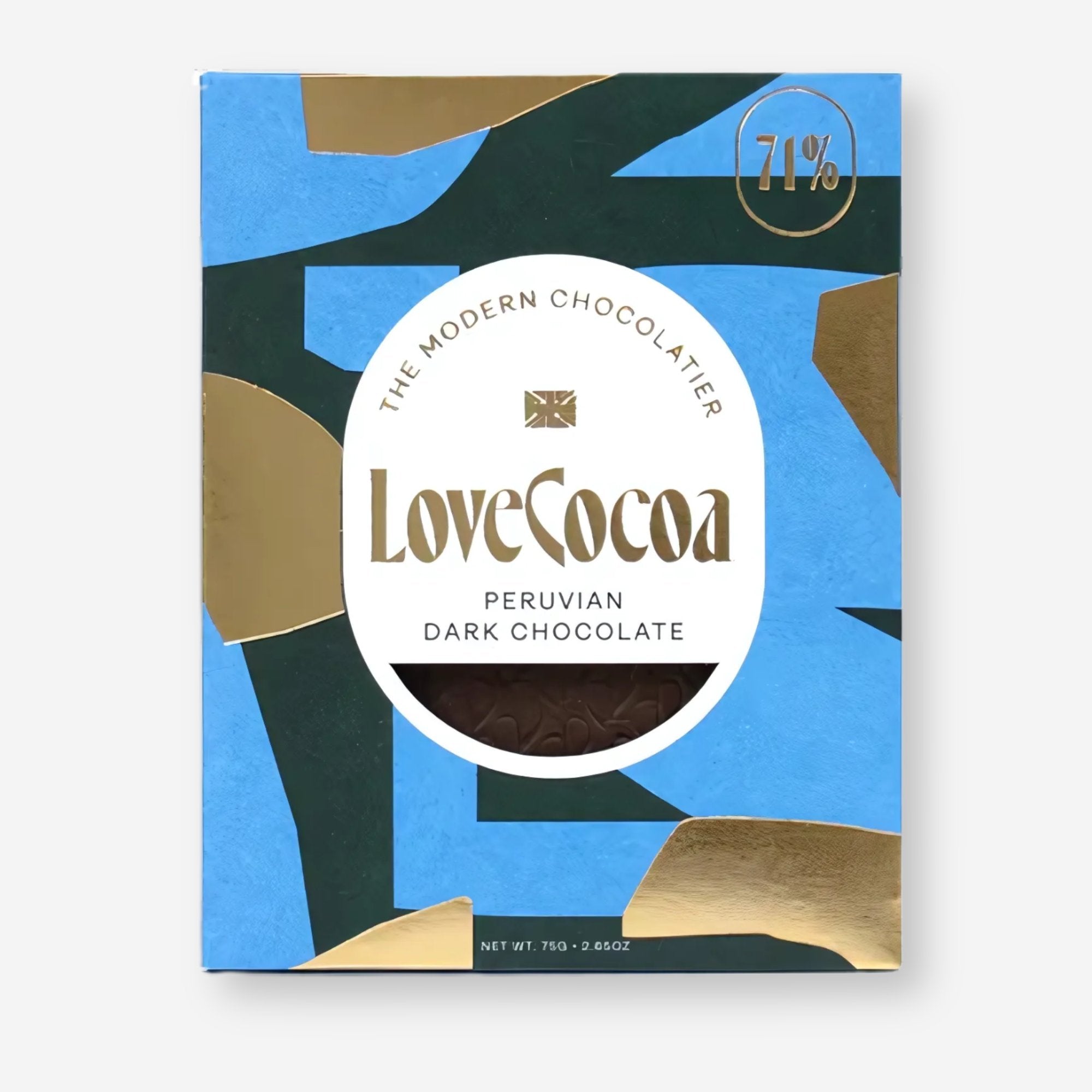 Love Cocoa Peruvian Dark Chocolate in a blue and gold package, featuring a close-up of the label, offering rich, smooth, and fruity aromas.