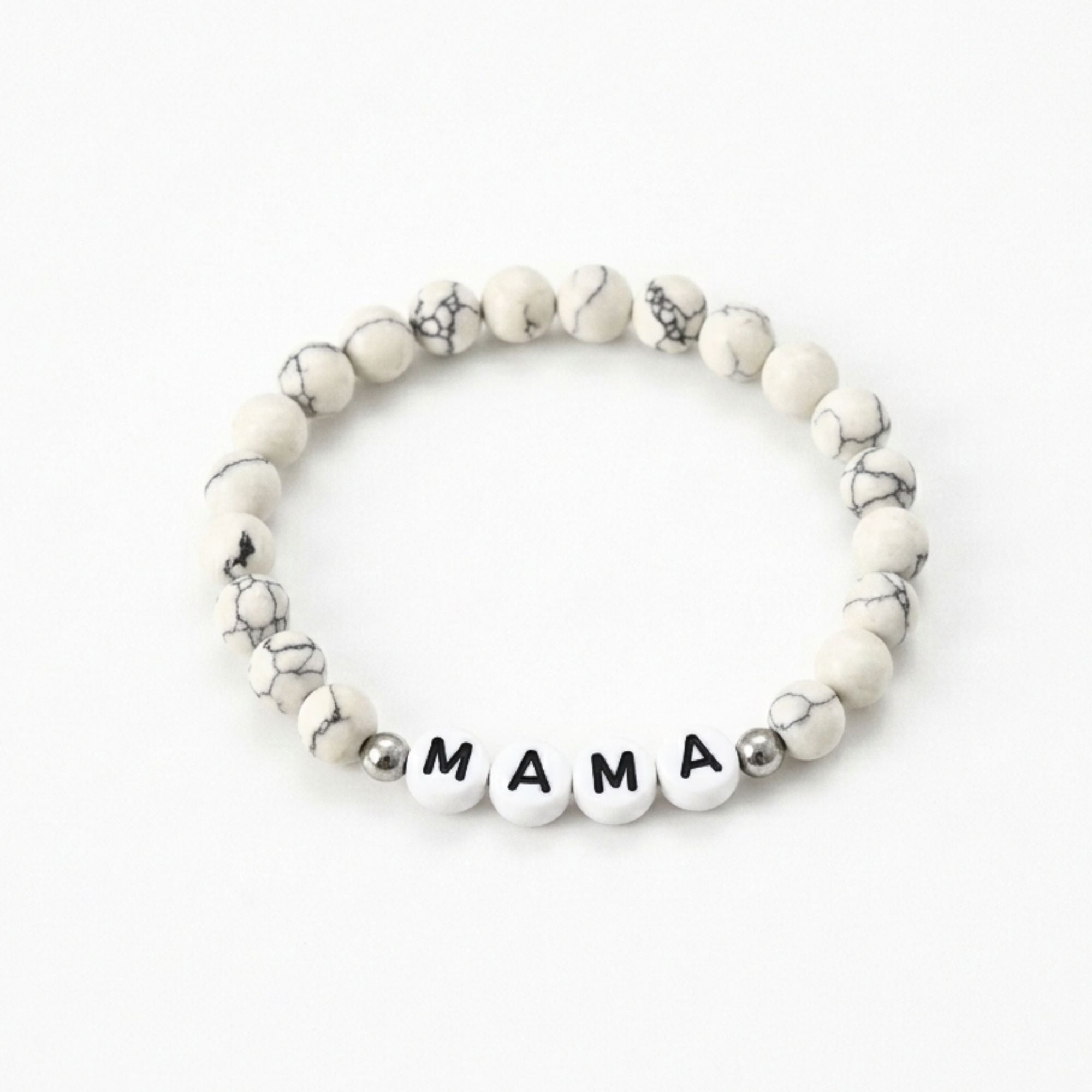 Mama Bracelet with elegant marbled beads and letter charms, designed for comfort and style, perfect for celebrating motherhood or gifting to new moms.
