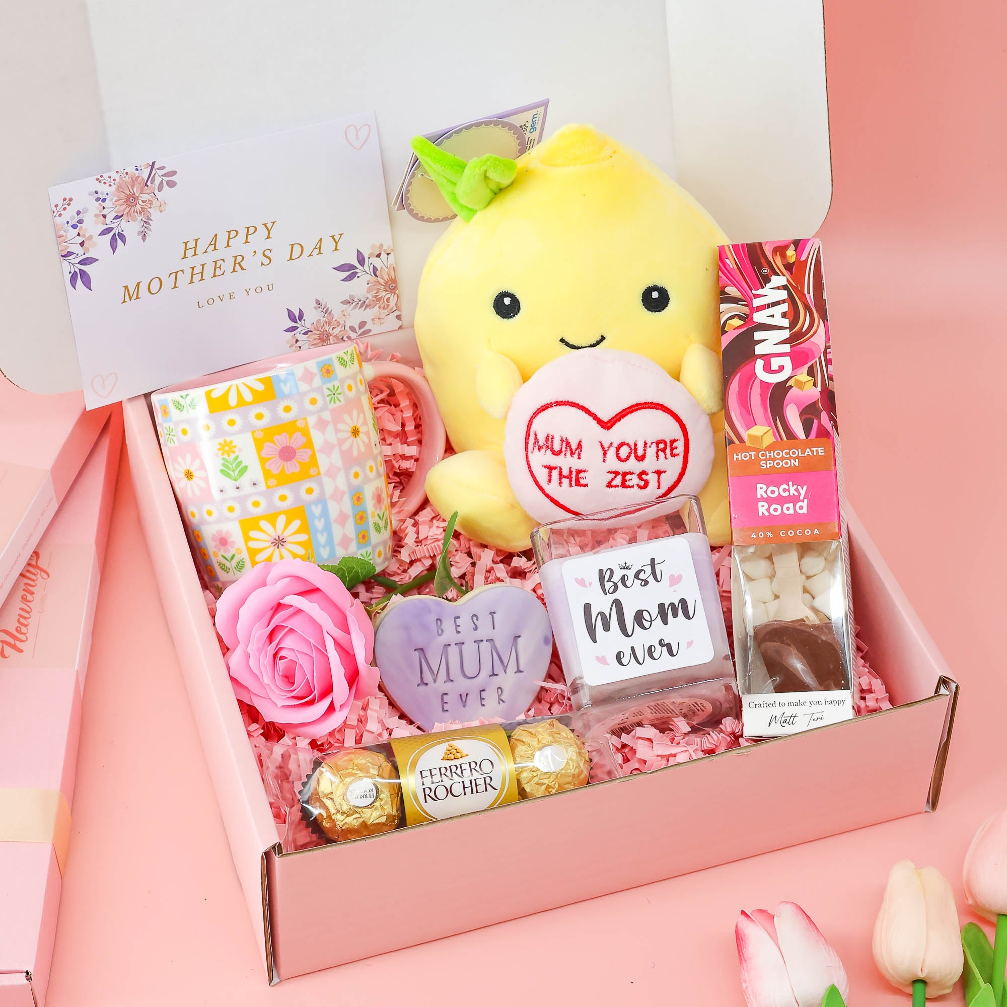 Mother’s Day gift – You’re the Zest lemon bear and mug hamper with chocolates, candle and sweet treats