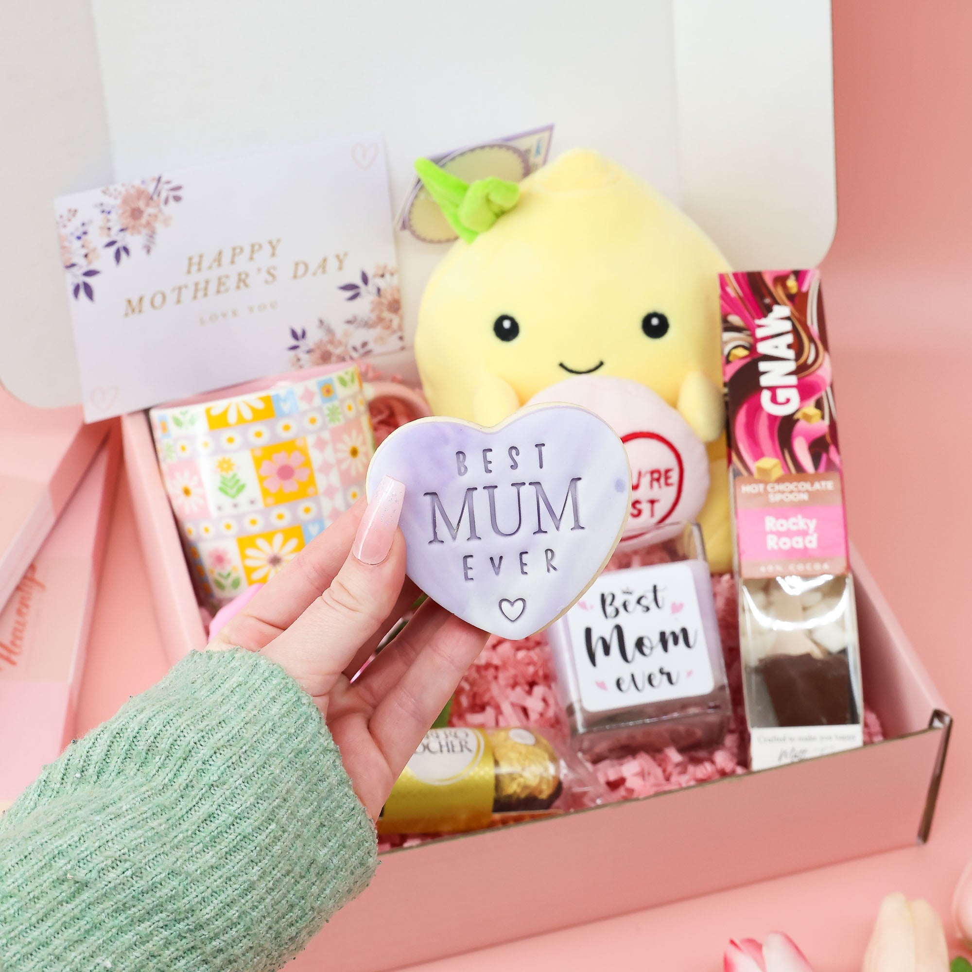 Gifts for mum – bright Mother’s Day hamper with hot chocolate spoon, candle and keepsake heart