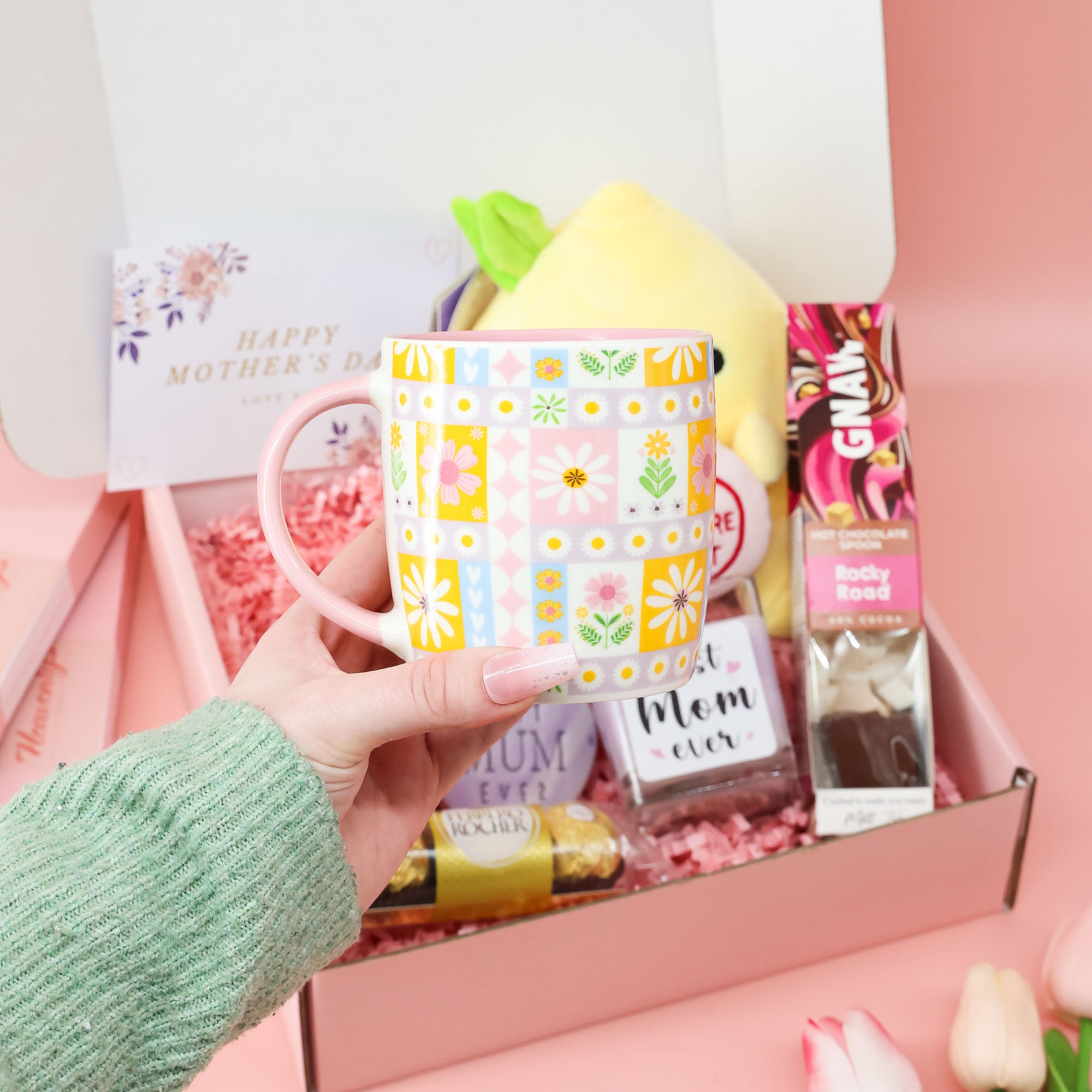 Mother’s Day gift – blush gift box filled with sweet treats, decorative rose and “Best Mom Ever” candle