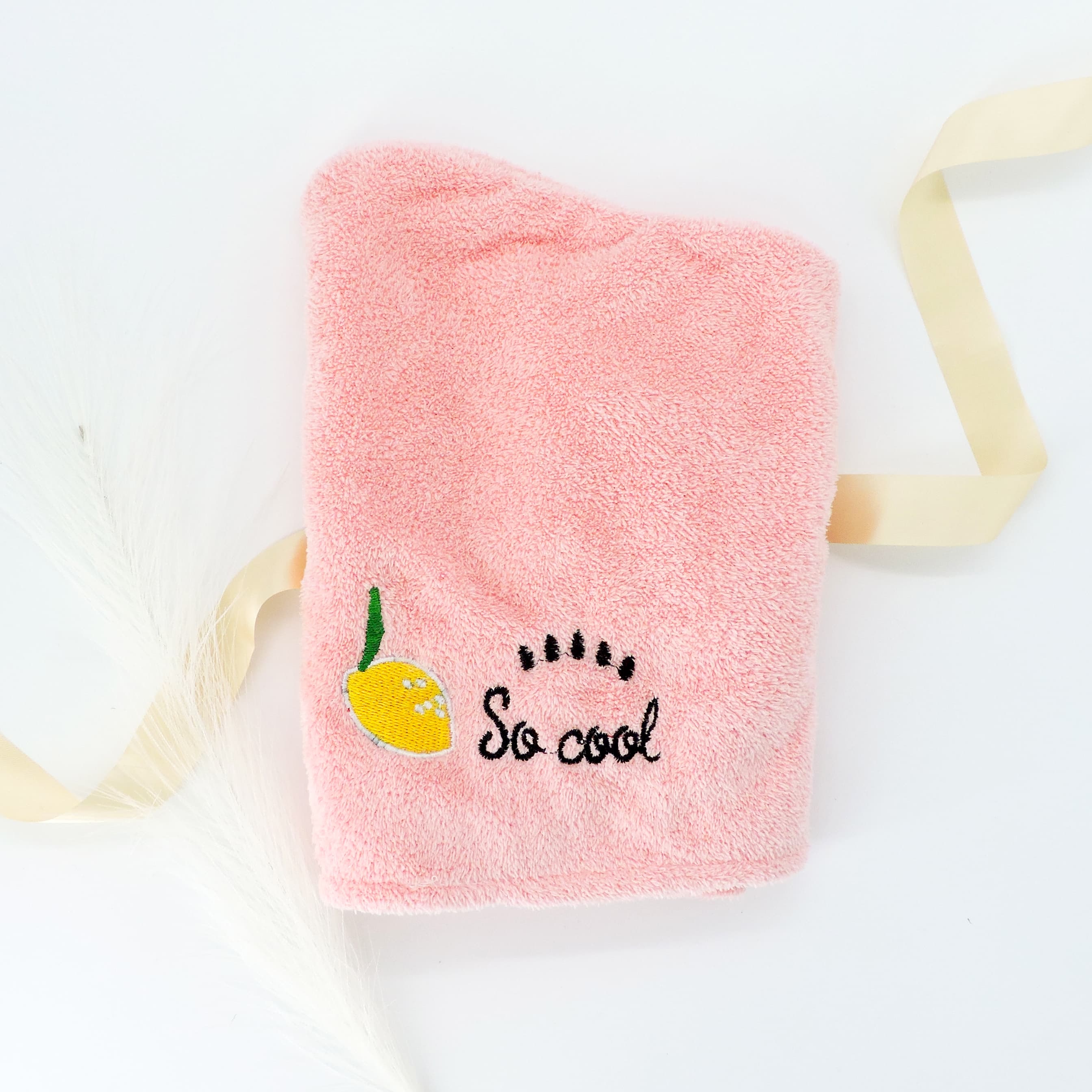 Pink Lemon Hair Towel featuring an embroidered lemon design, crafted from ultra-soft, absorbent fabric, ideal for gently drying hair and reducing frizz.