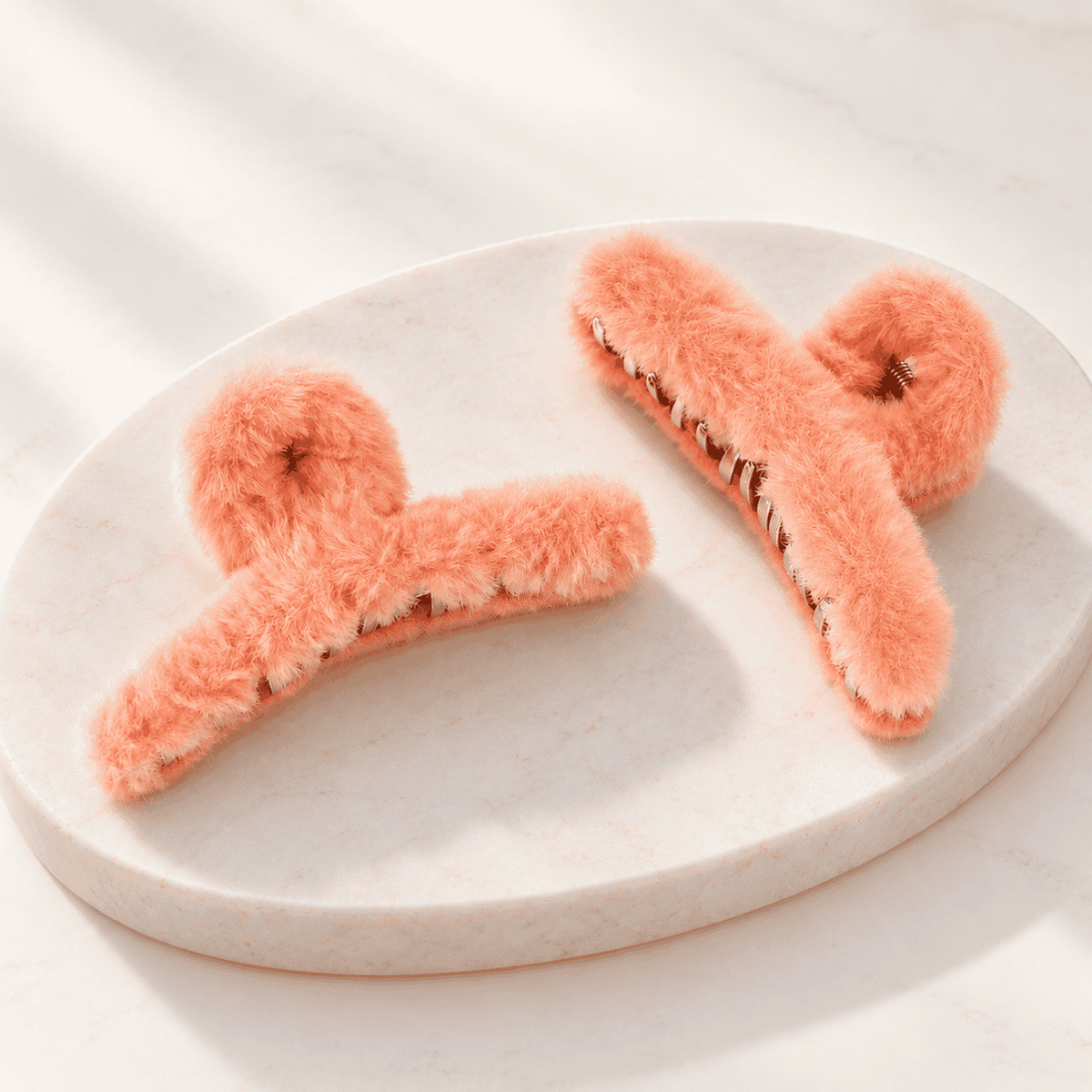 Peach plush claw hair clips, soft fluffy hair claw clips for women, cute peach pink hair accessory for gifting, beauty gift idea for her