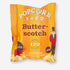 Popcorn Shed Butterscotch Gourmet Popcorn package with a close-up of popped corn and label, highlighting its rich, buttery flavor and caramelized coating. Gluten-free and vegan-friendly.