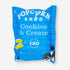Cookies & Cream Popcorn in a blue bag, showcasing white chocolate caramel popcorn with cookie crumb pieces, highlighting its vegan and all-natural attributes.