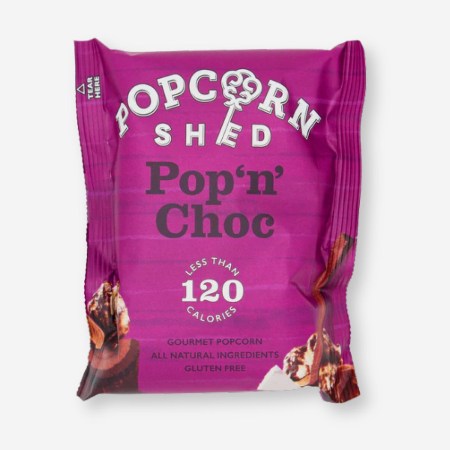 Pop n Choc Gourmet Popcorn packaging features prominently, highlighting a text-focused design emphasizing its chocolatey, gluten-free appeal, perfect for a low-calorie indulgence.