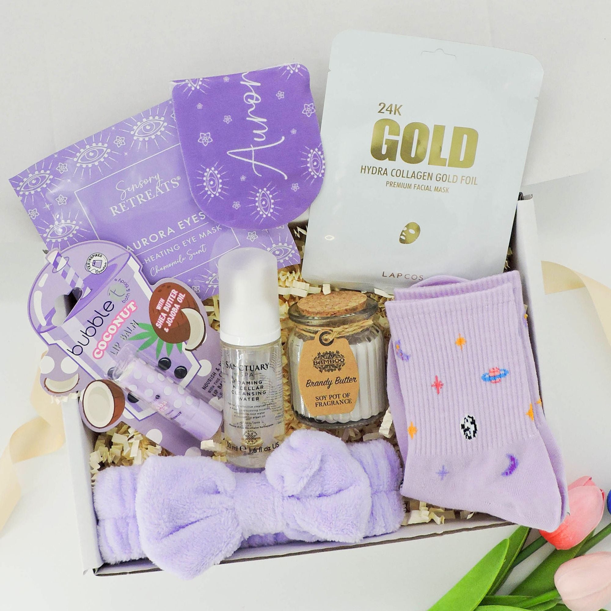Sending Hugs Relaxation Set – thank you gift ideas for friends featuring a self-heating eye mask and lavender candle."