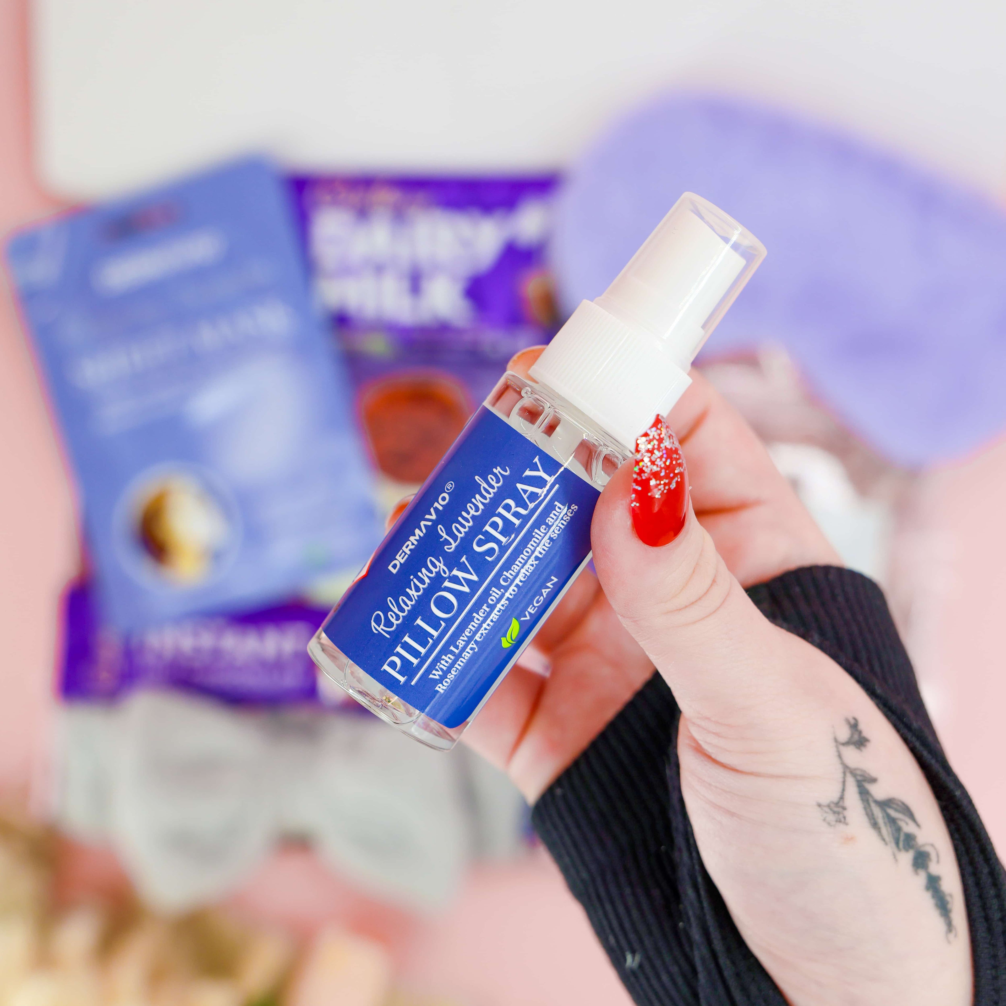 Lavender pillow spray for calm nights – included in the Rest and Recharge Gift Box, the perfect self-care gift for women.