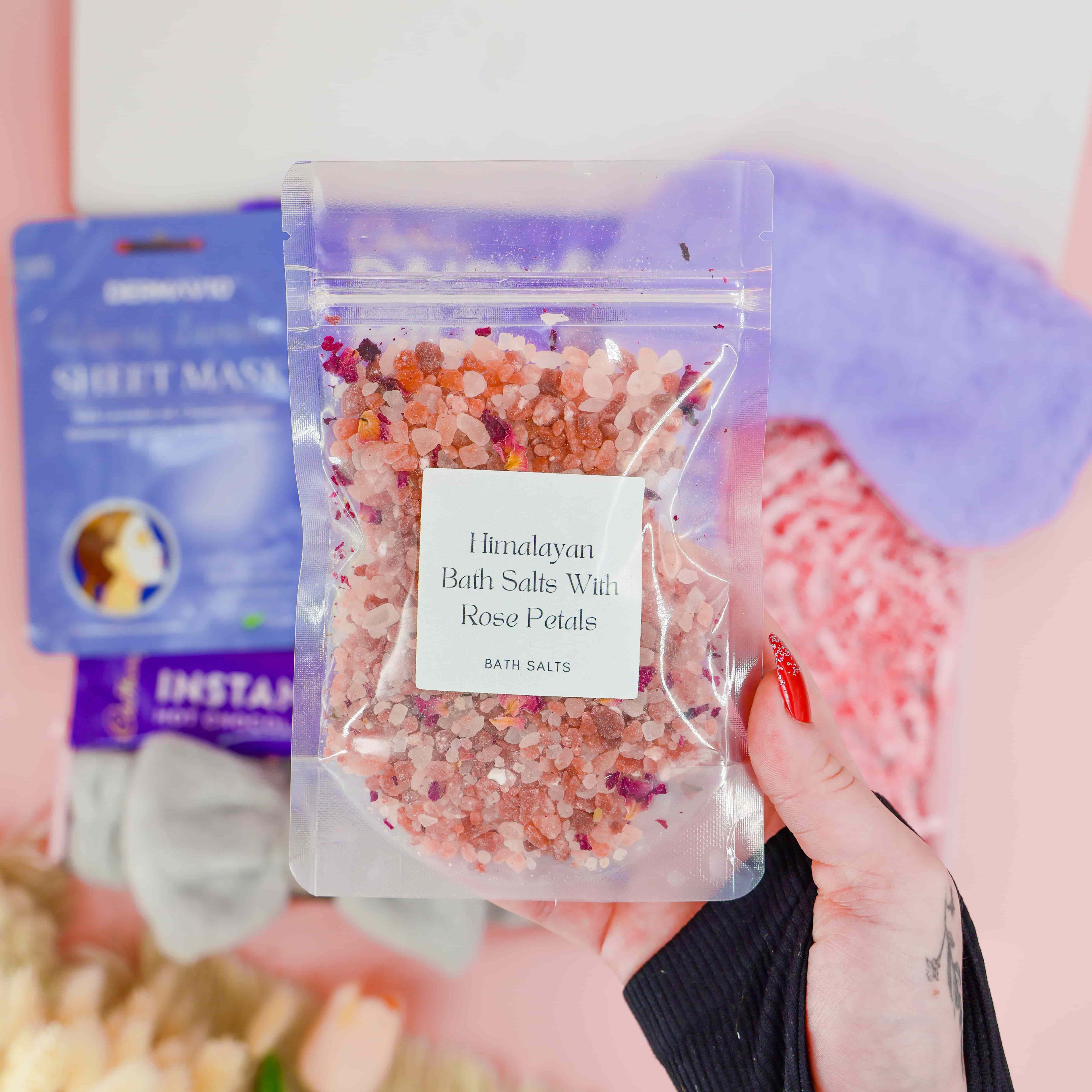Himalayan bath salts with rose petals – luxury spa treat from the Rest and Recharge Gift Box, ideal relaxation gift for her.
