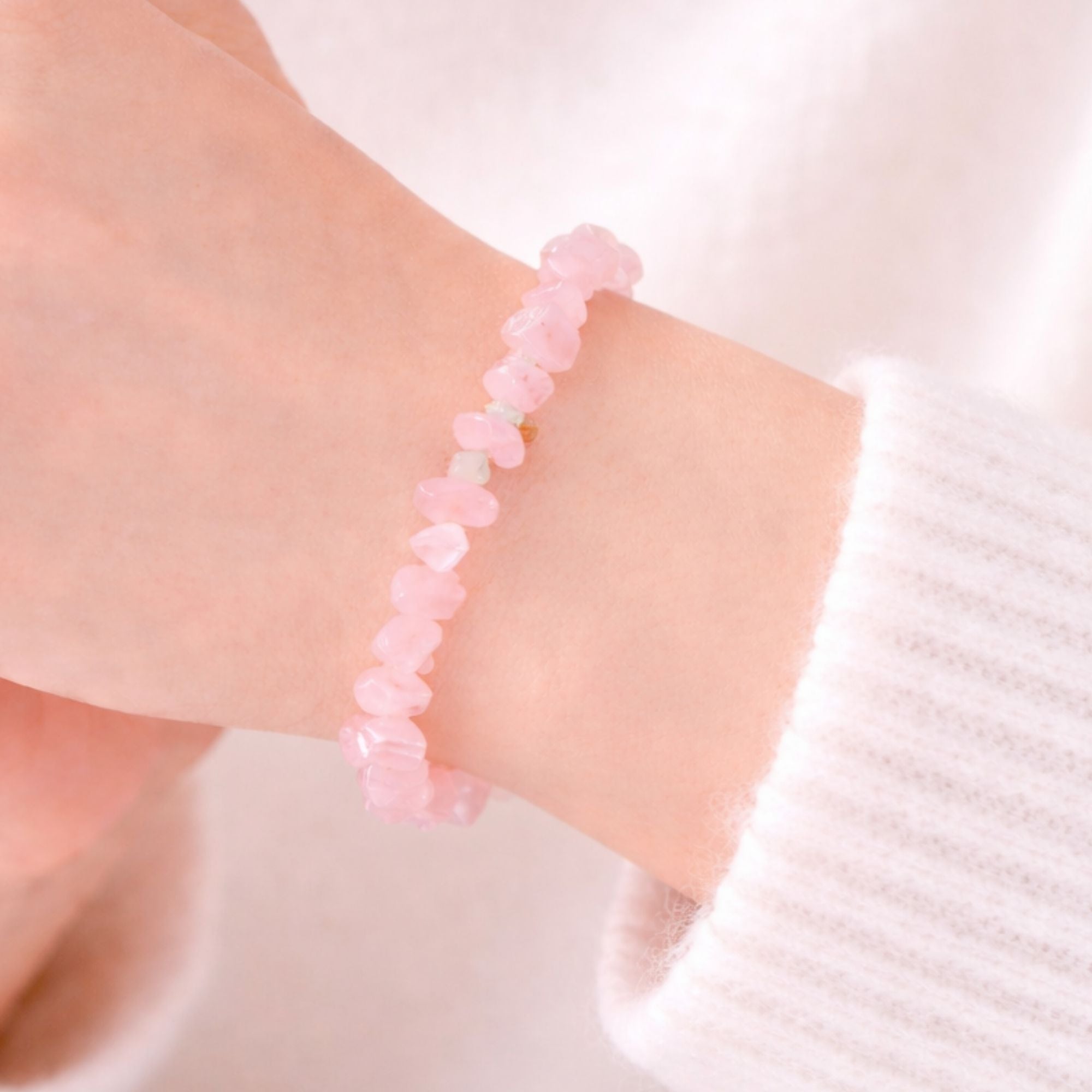 Rose Quartz Crystal Chip Bracelet with delicate, natural crystal chips, promoting self-love and emotional healing, perfect as a meaningful gift or personal accessory.