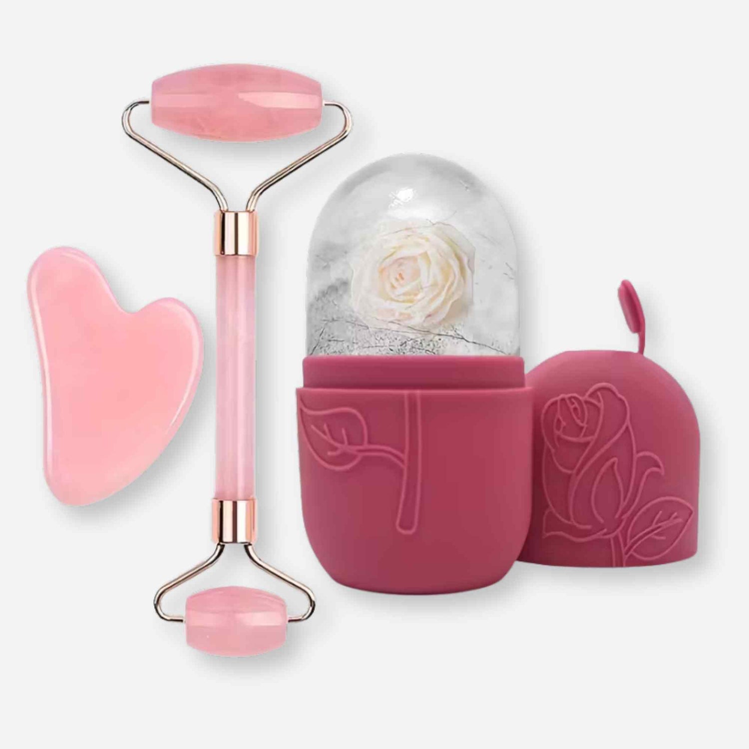 Self Care Gift – Rose Glow Self Care Set with ice roller, face roller, and gua sha