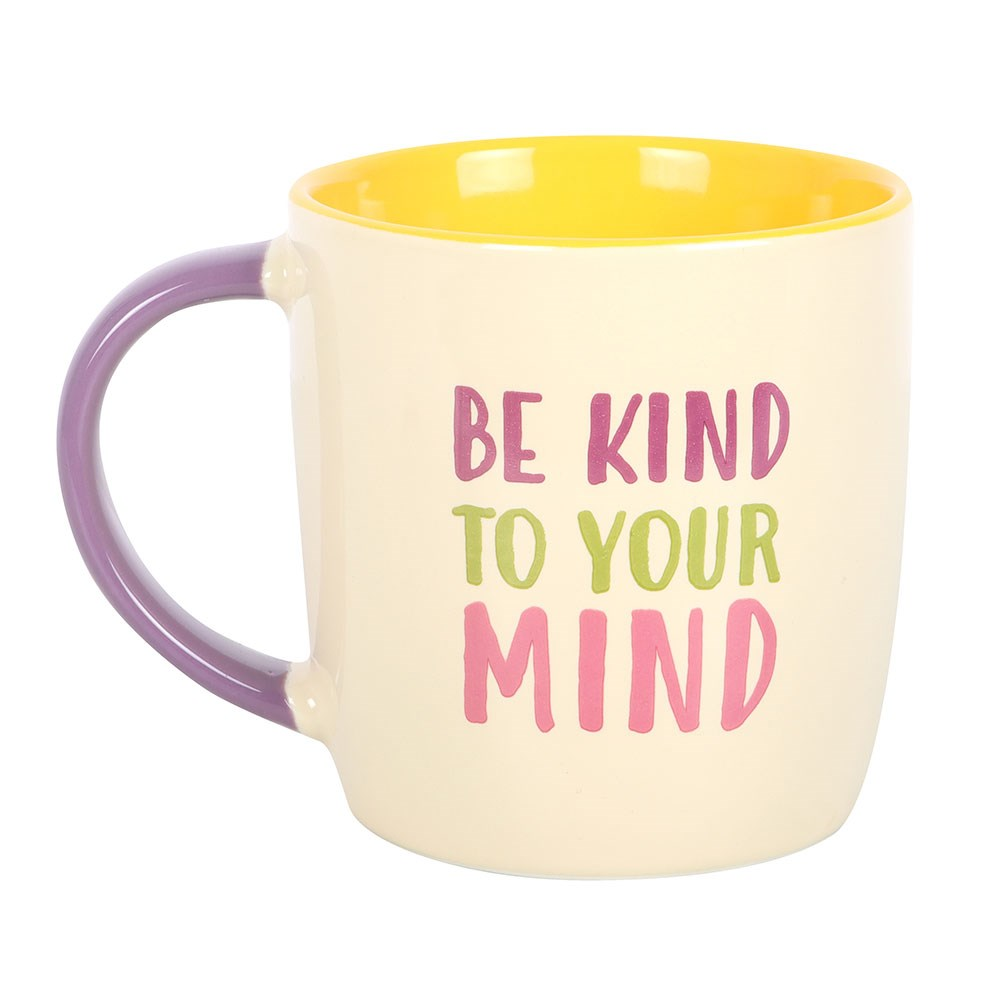 self care gift – Be Kind To Your Mind ceramic mug with uplifting quote and colourful design