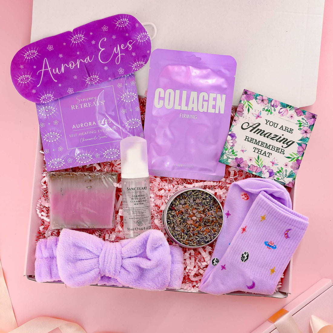 Sending hugs selfcare gift for her with Aurora eye mask, collagen sheet mask, lavender soak, soft socks, cleansing water and affirmation card a comforting gift for any occasion.