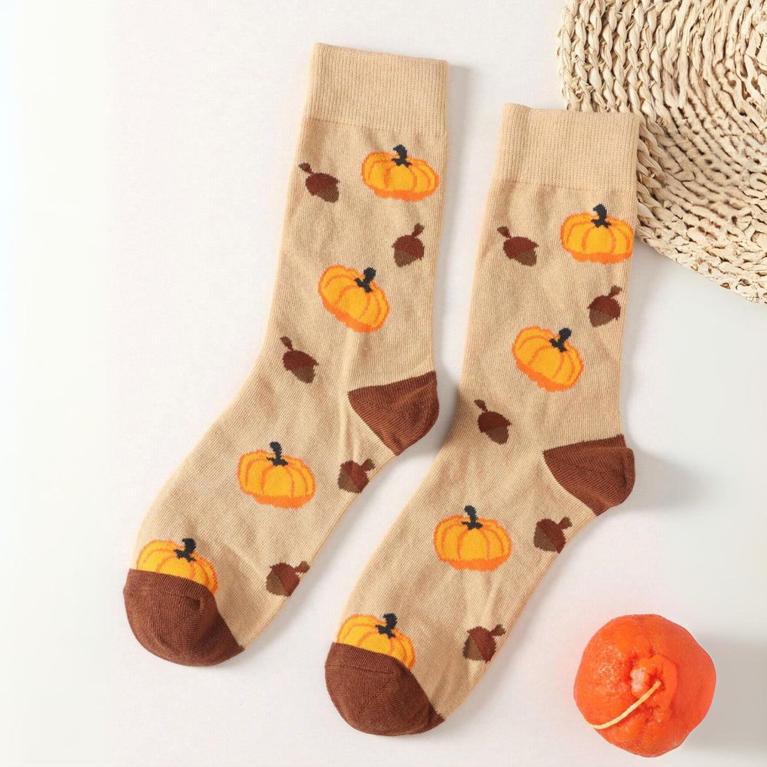 Pumpkin Socks featuring festive pumpkin and acorn designs, perfect for embracing autumn&
