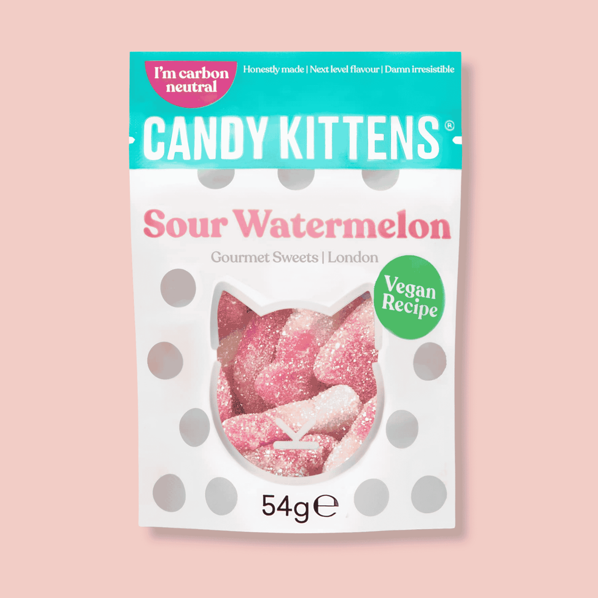 Sour Watermelon Gourmet Sweets in cat-shaped packaging with a green sticker, highlighting vegan, fruit juice-infused candy with a sweet and sour flavor profile.