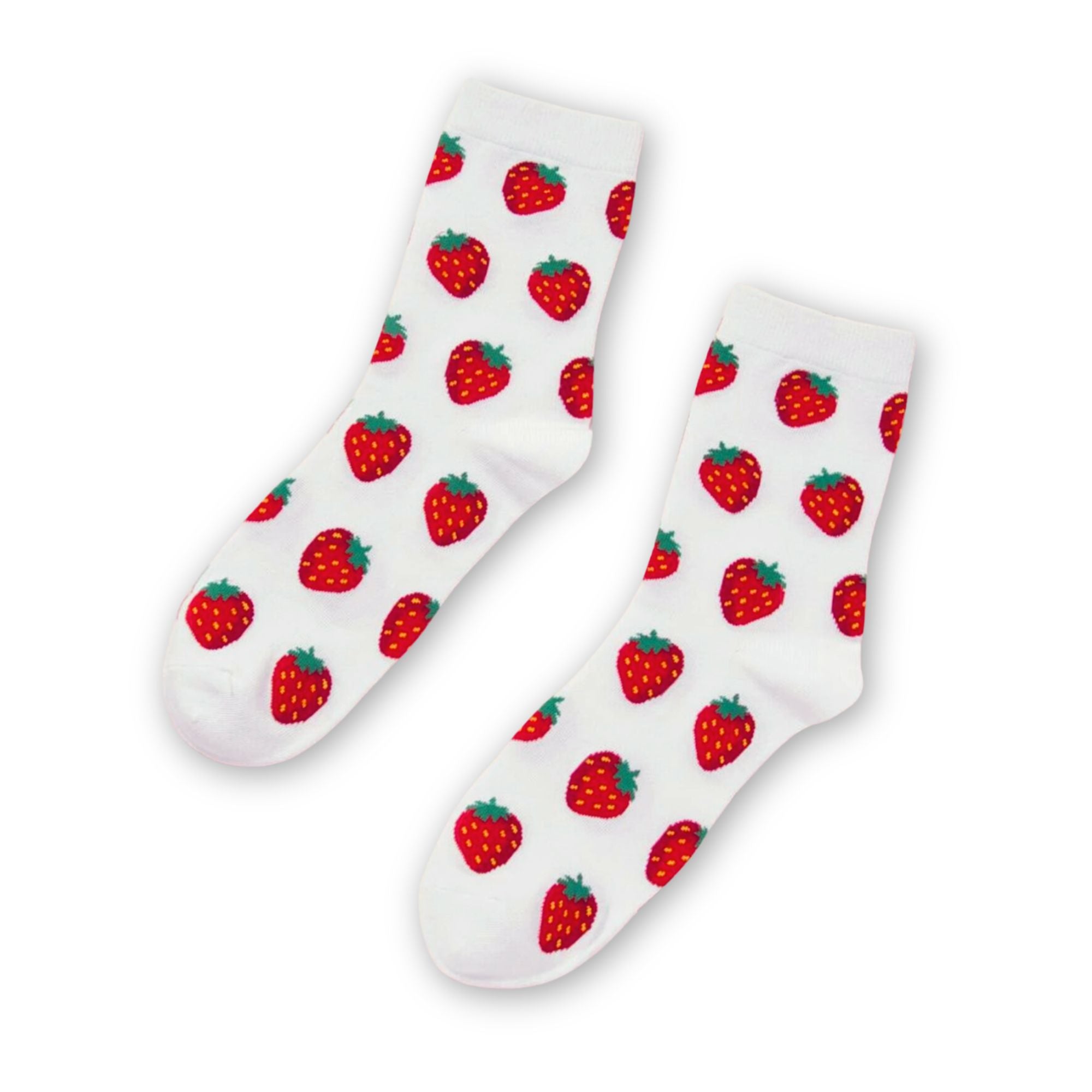 Strawberry Print Socks featuring vibrant red strawberries on a crisp white background, adding a playful touch to any gift or everyday style.