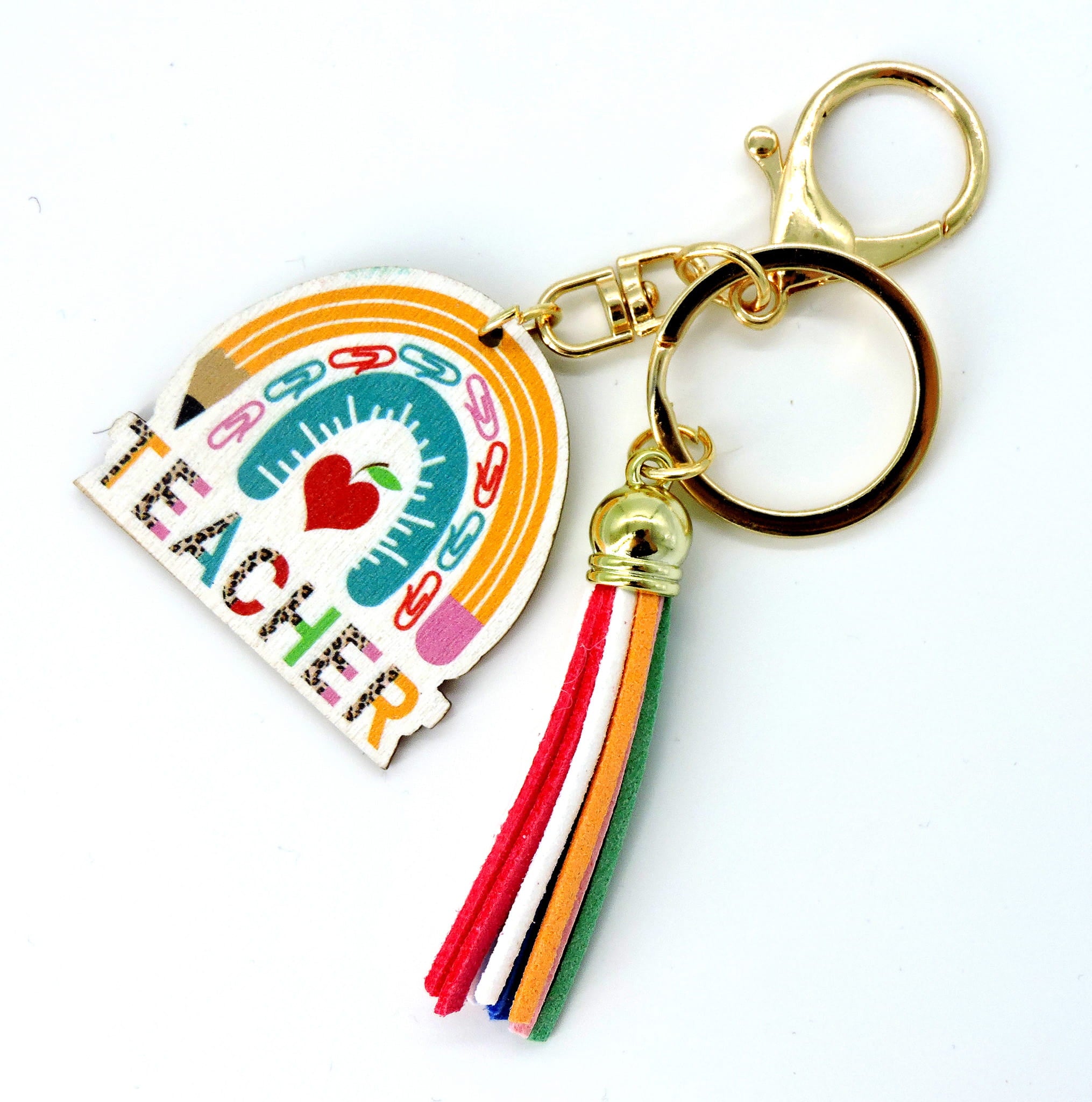 Teacher Keyring featuring a playful design with pencil and apple motifs, ideal for adding charm to keys or bags.