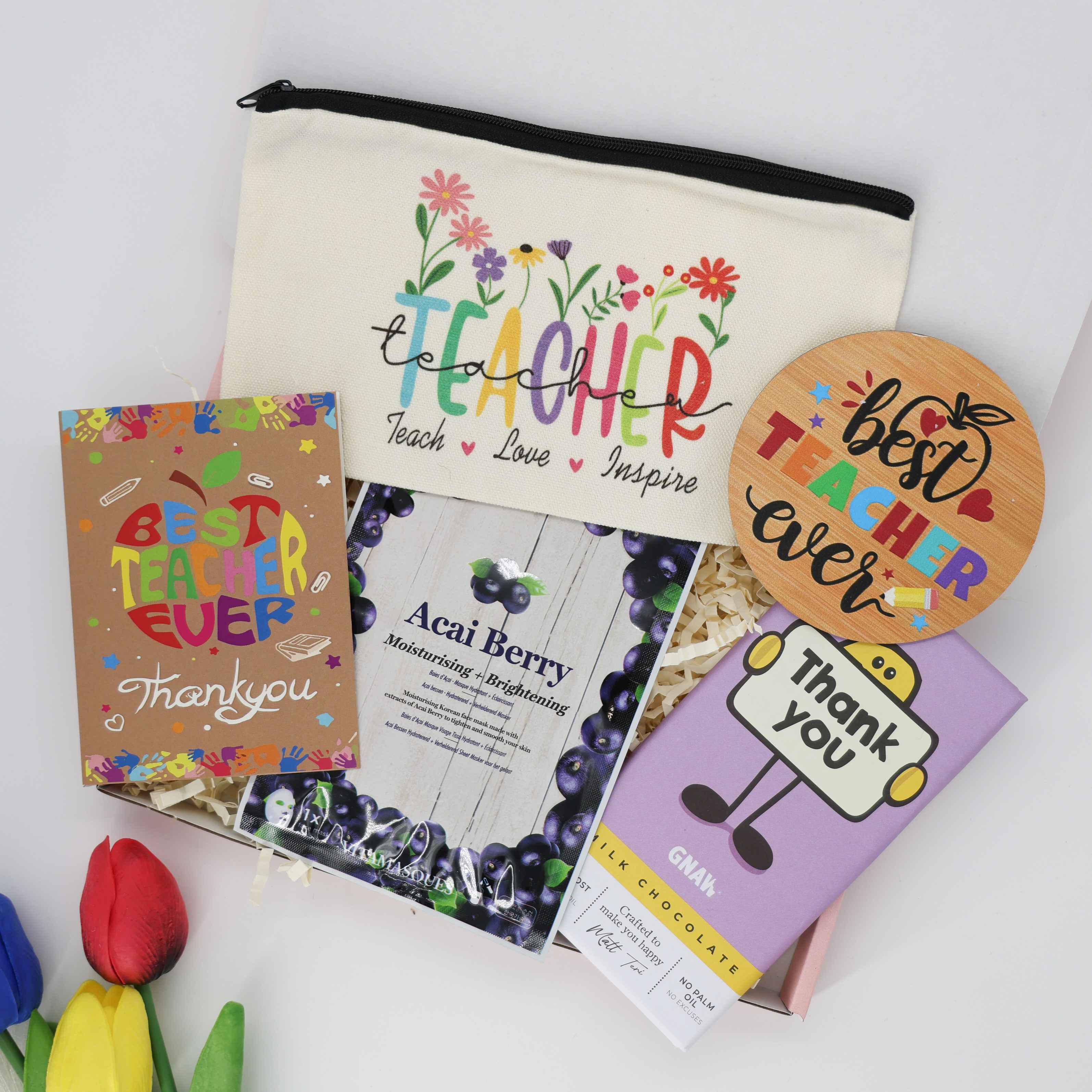 End of term teacher gift – Teach Love Inspire pouch with chocolate and pamper treats