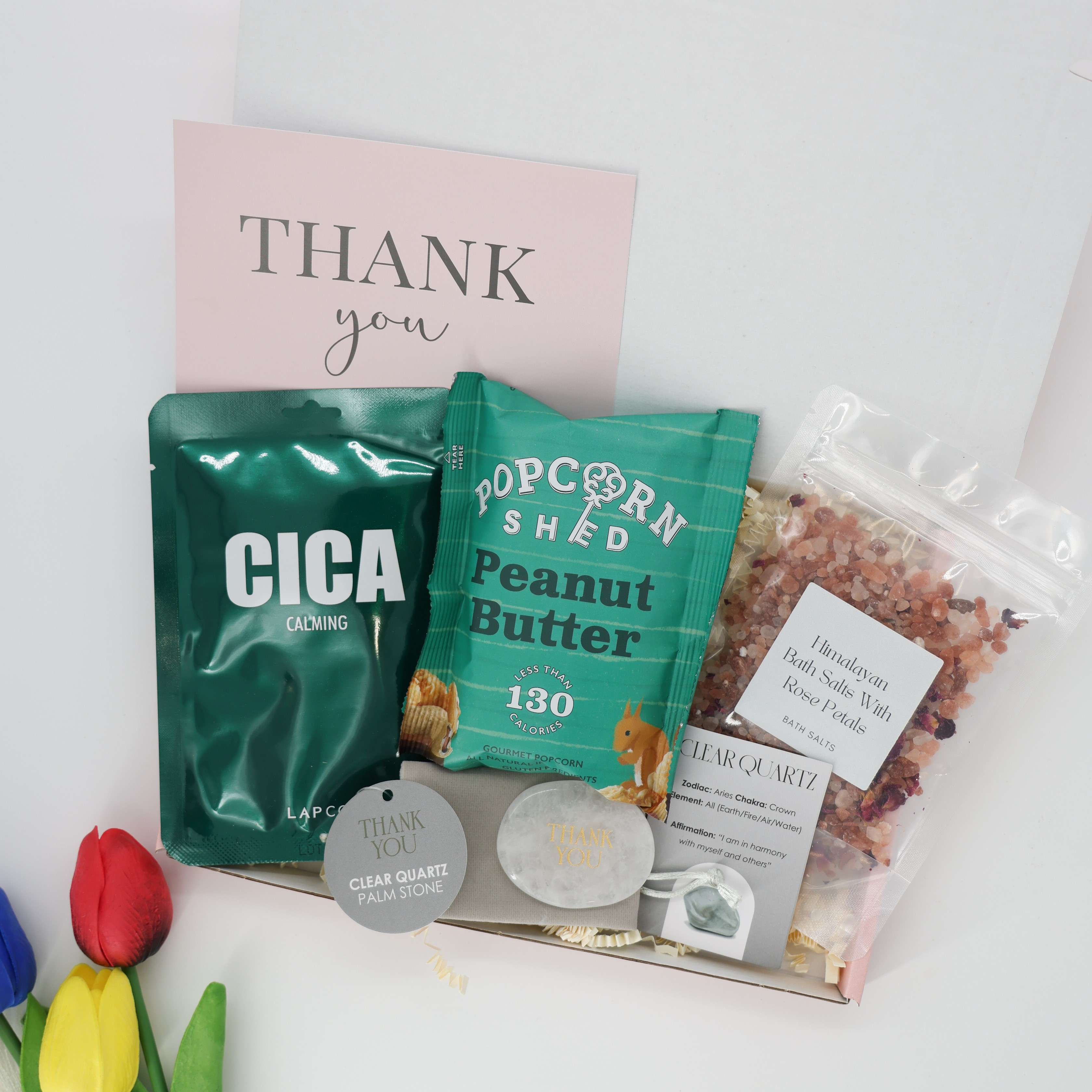 Teacher appreciation present – pamper box with popcorn, quartz stone and card