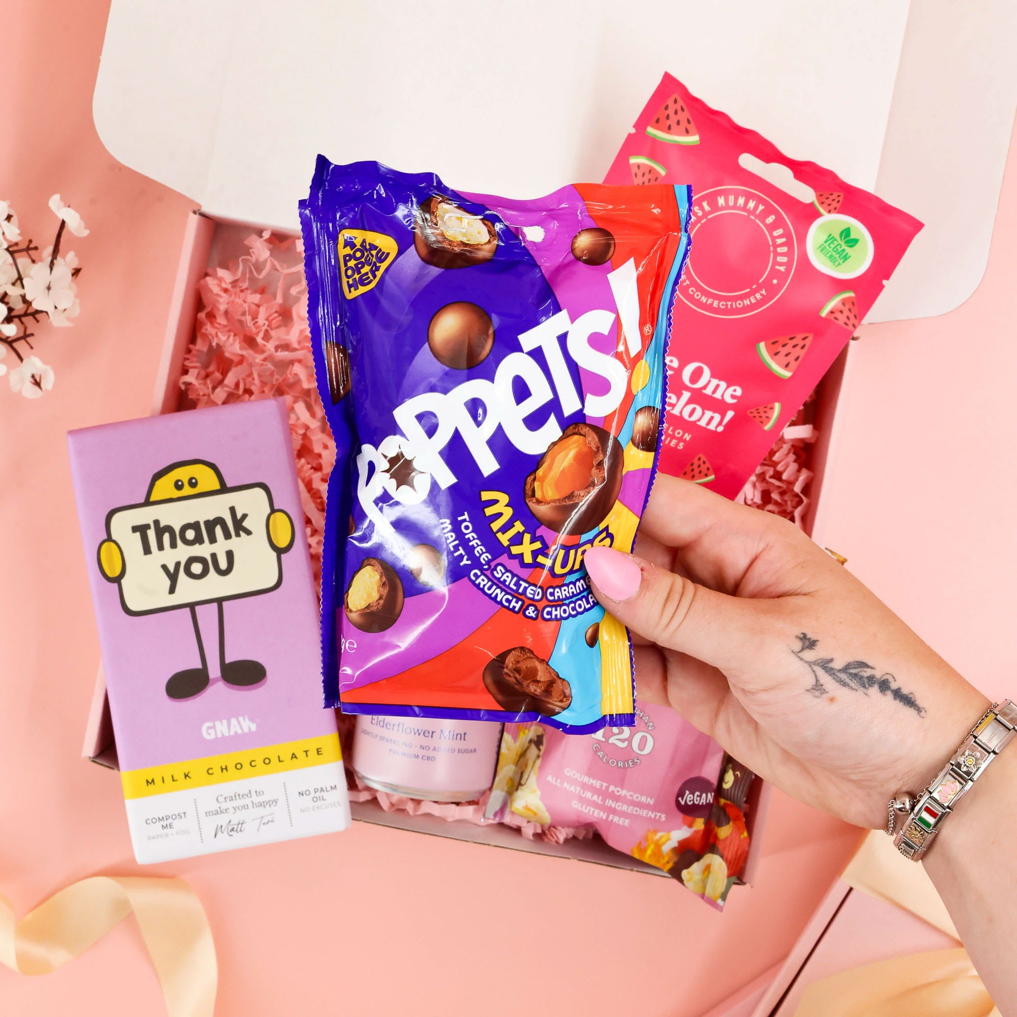 thank you gift – delicious thank you care package with snacks and chocolate