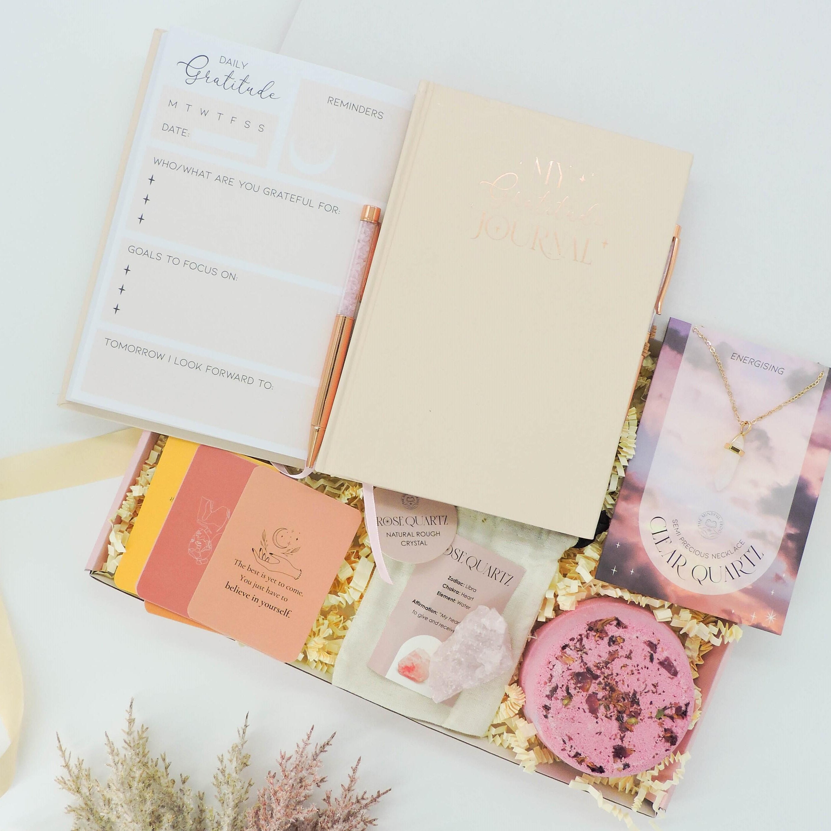The Gentle Recharge Box – wellness gifts with a gratitude journal, rose quartz crystal, and energising necklace