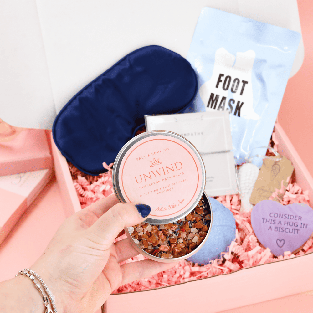 Thinking of you gift – Care package with bath bomb, relaxation essentials and biscuit treat