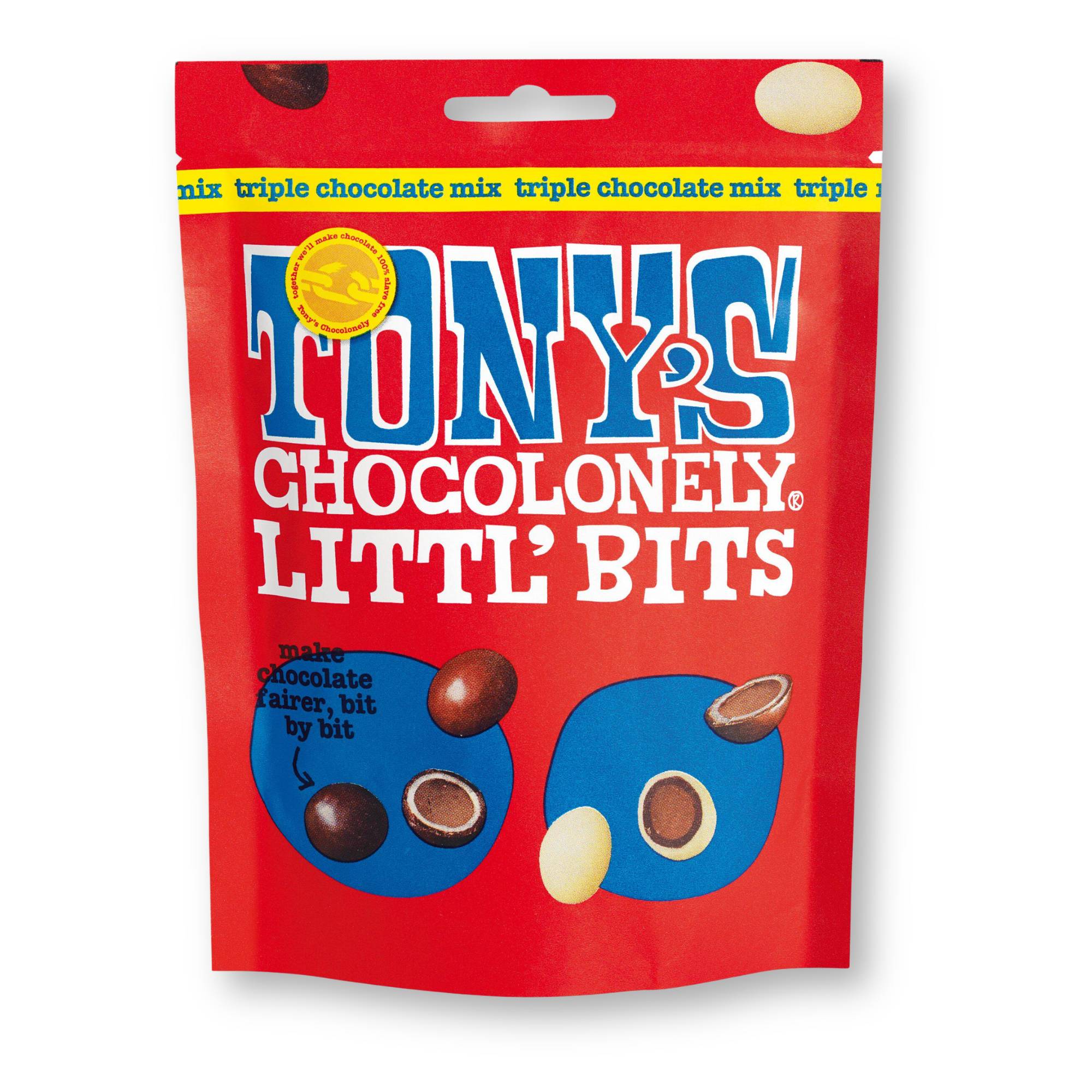 Tonys Chocolonely Triple Chocolate Mix: close-up of chocolate bites showcasing milk, white, and dark chocolate textures. Packaged in a 100g bag, suitable for vegetarians.