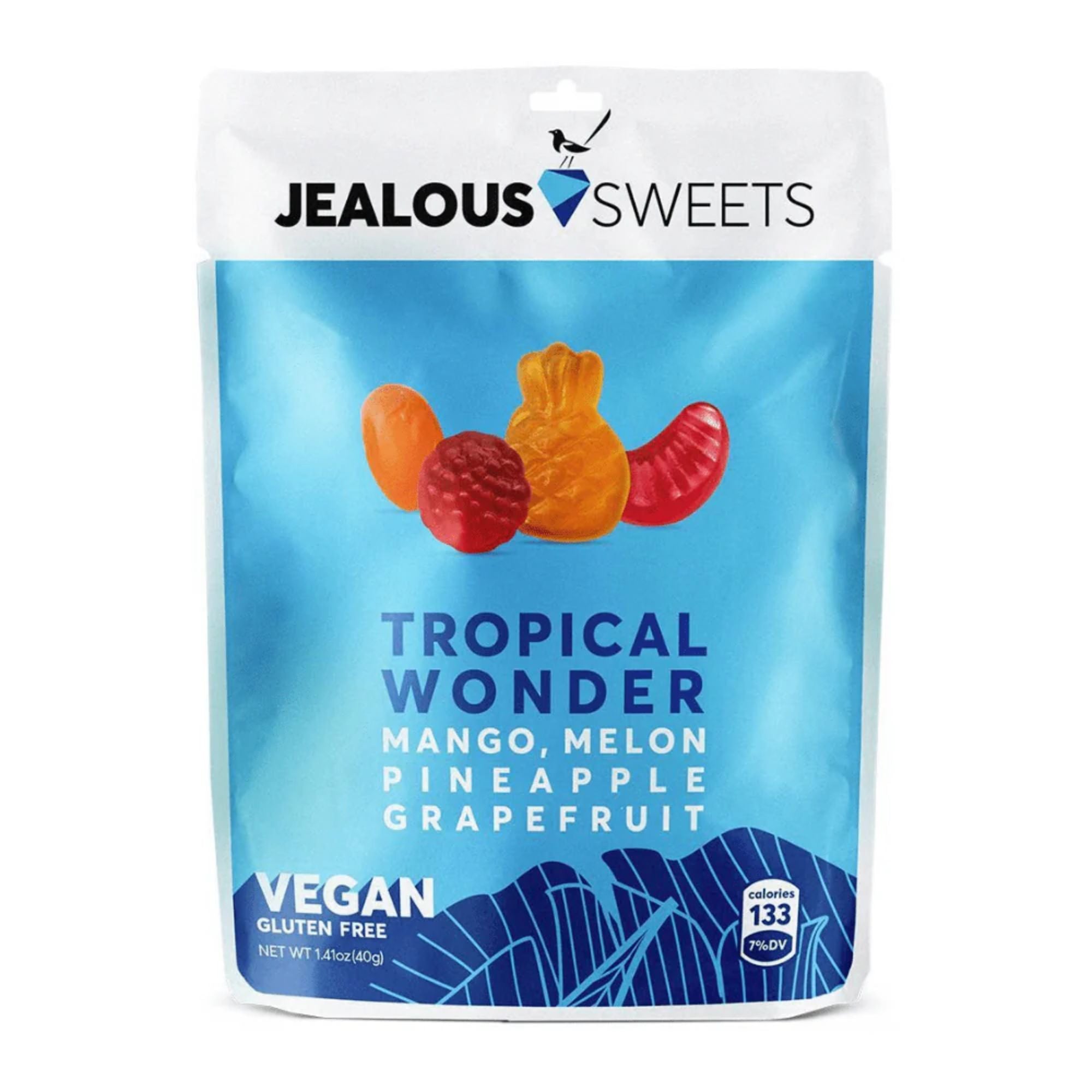 Tropical Wonder Vegan Sweets, plant-based and gluten-free, showcased in a blue and white package with assorted fruit flavors. Suitable for mindful, health-conscious treat seekers.