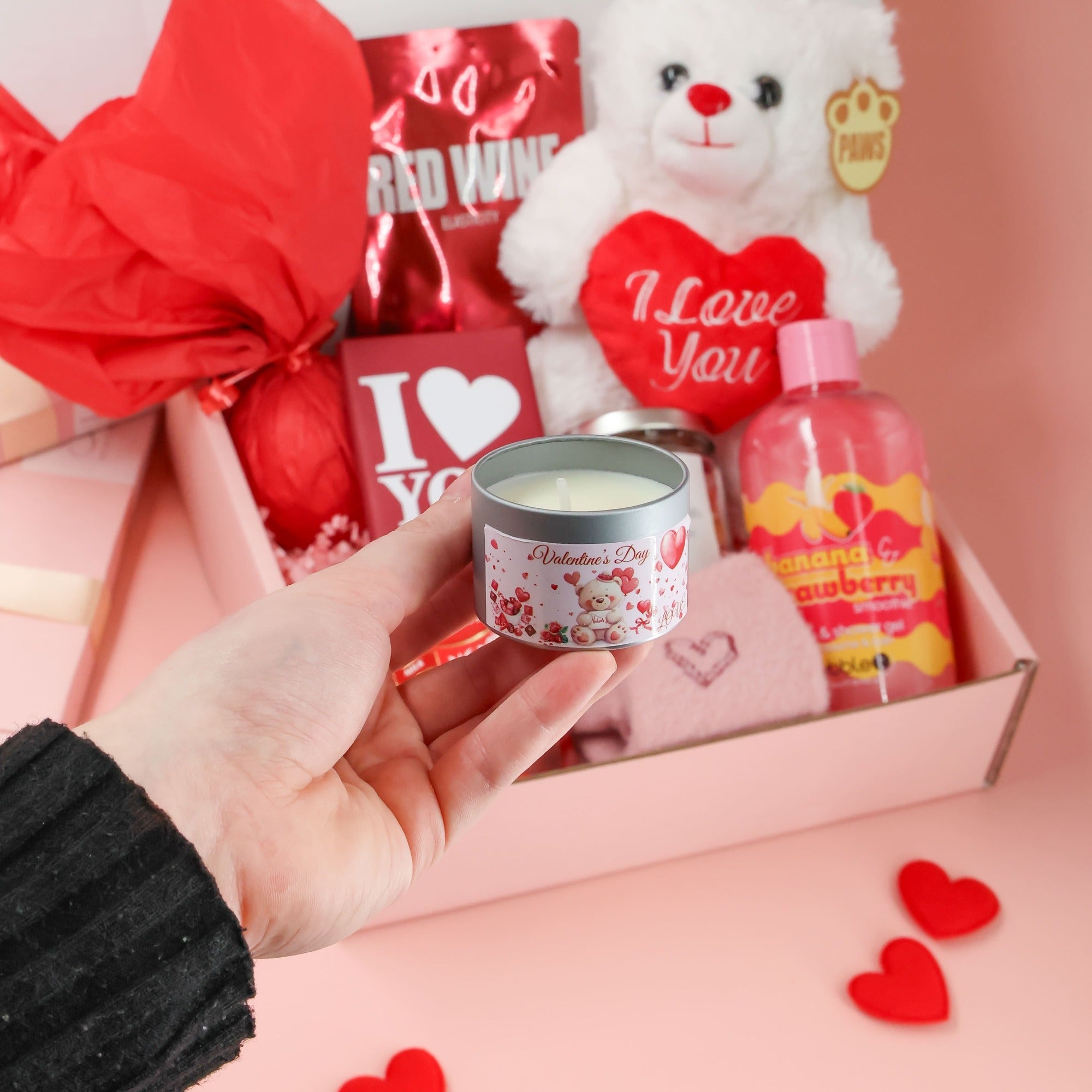 Valentines gift for her featuring spa pamper treats, valentines themed keepsakes and sweet indulgences