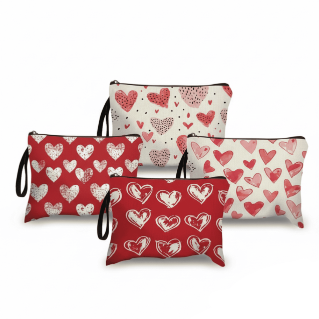 Valentines gift for her Heart Print Make Up Bags with playful heart designs.