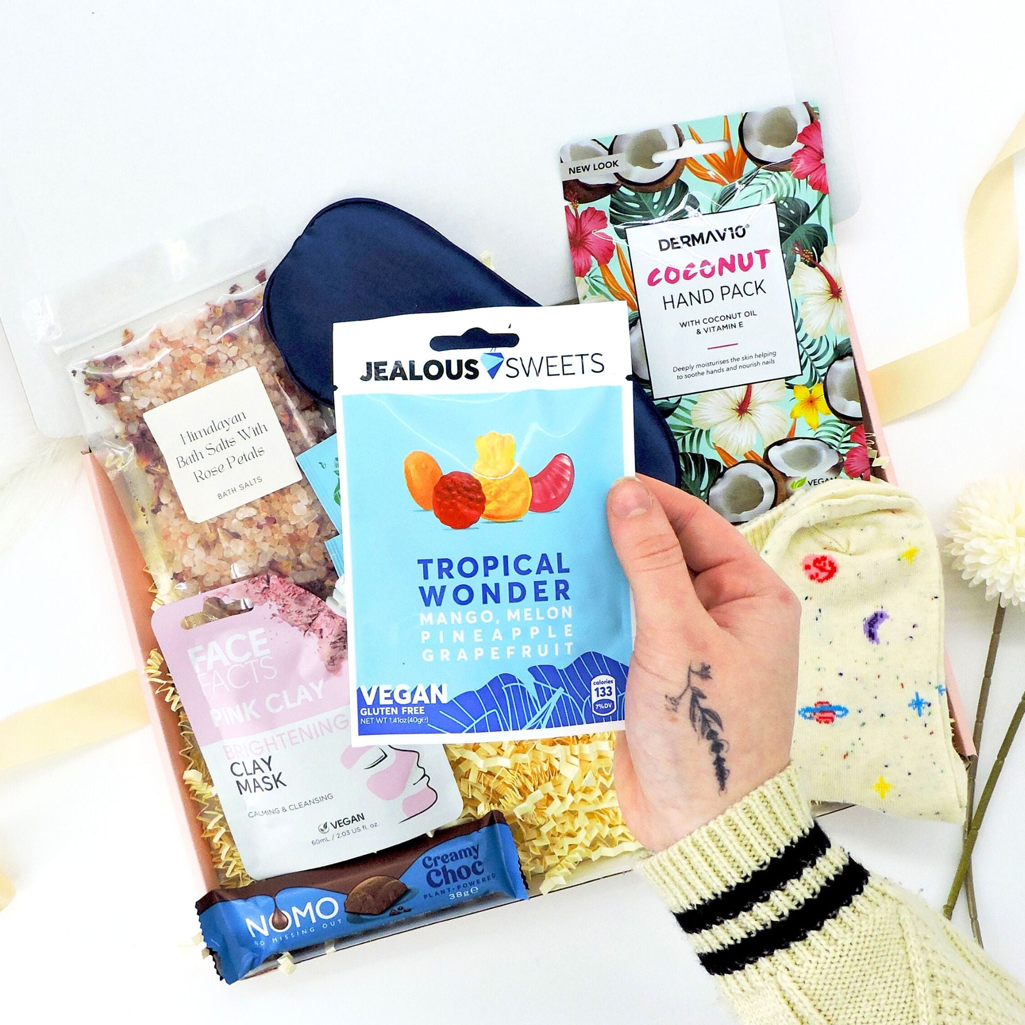 Vegan gift for her – curated Rejuvenate & Restore box including a coconut hand pack and satin sleep mask for ultimate relaxation. Perfect as a Thank You Gift