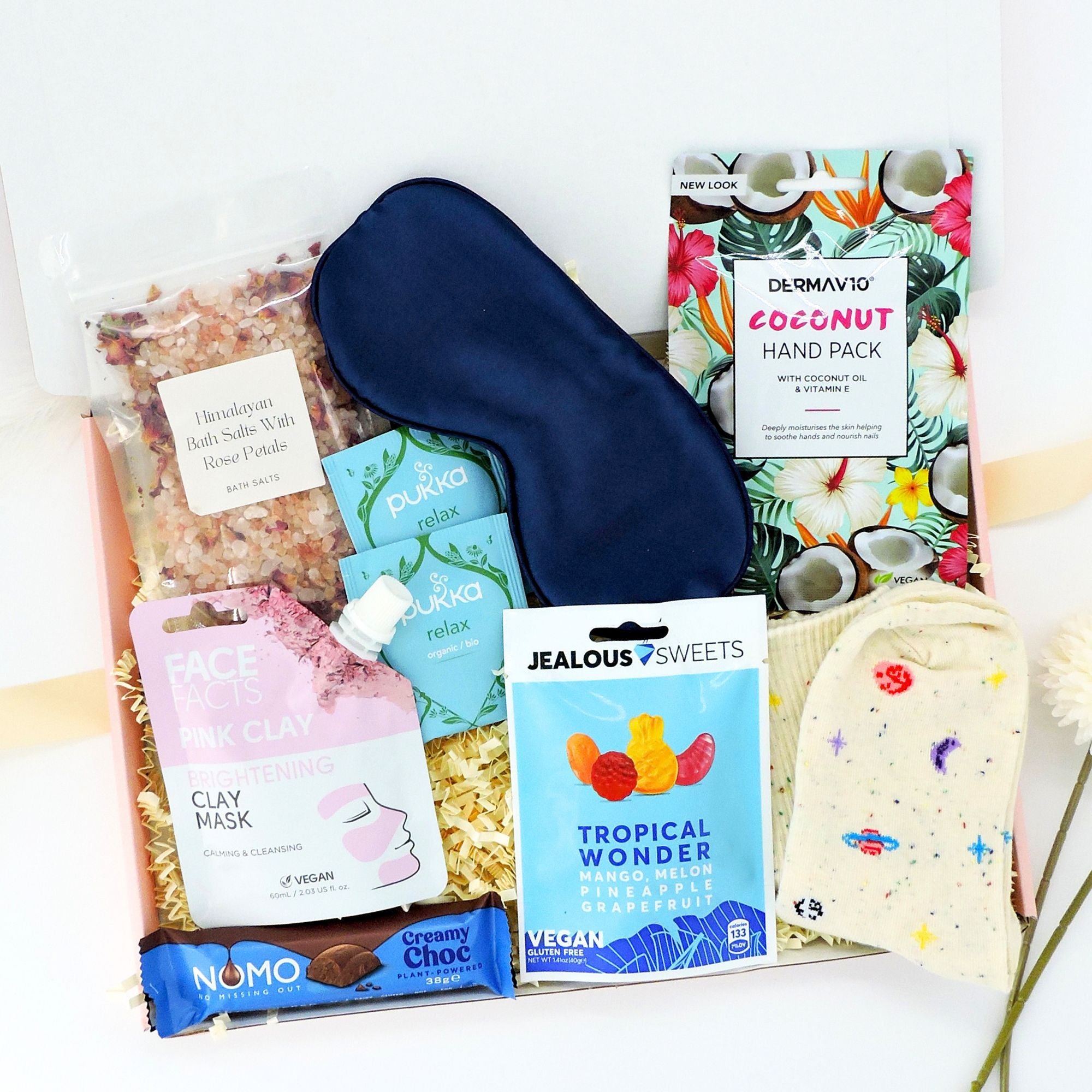 Rejuvenate & Restore Vegan Gift – present for vegan featuring Himalayan bath salts with rose petals and a soothing clay face mask. Perfect as a Thank You Gift