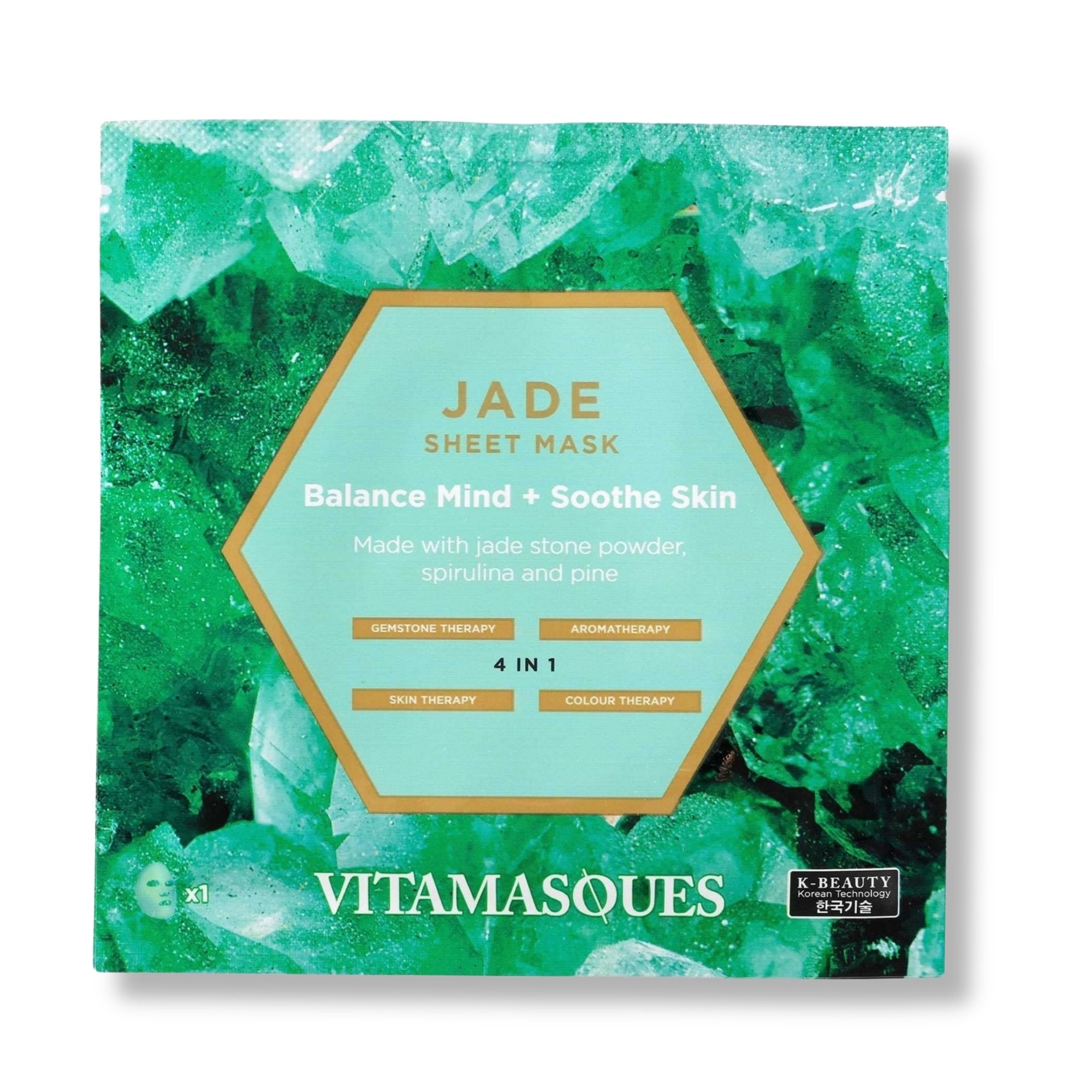 Vitamasques Jade Sheet Mask close-up, showcasing its logo and text, highlights its hydrating and calming properties for a spa-like self-care experience.