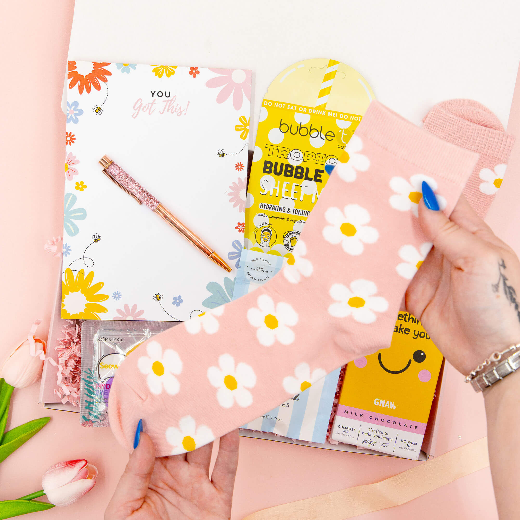 You’ve Got This Box – positive gift for her including cosy daisy socks, chocolate, stationery, sheet mask and self-care treats – thoughtful cheer-up hamper.