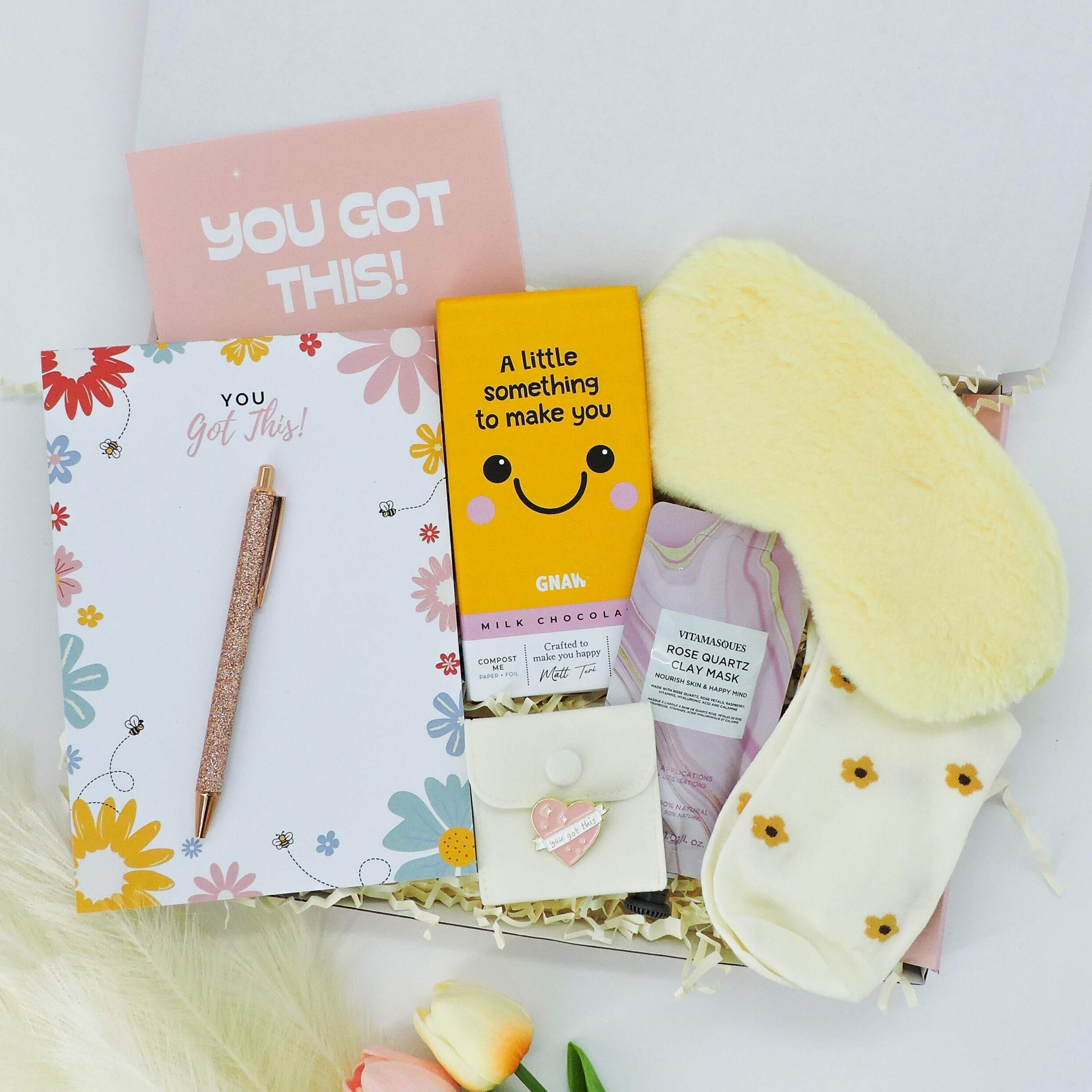 You’ve Got This Gift Box – exam good luck gifts with cheerful chocolate, fluffy socks, and a clay mask
