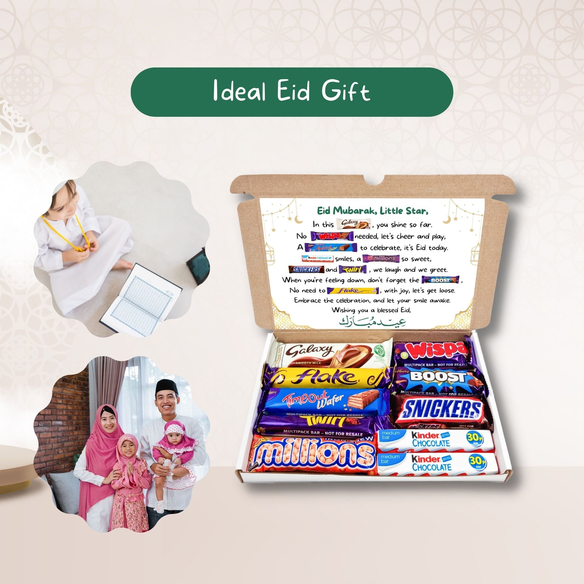 Unique Eid gift – curated chocolate selection and poem to share blessings during Eid.