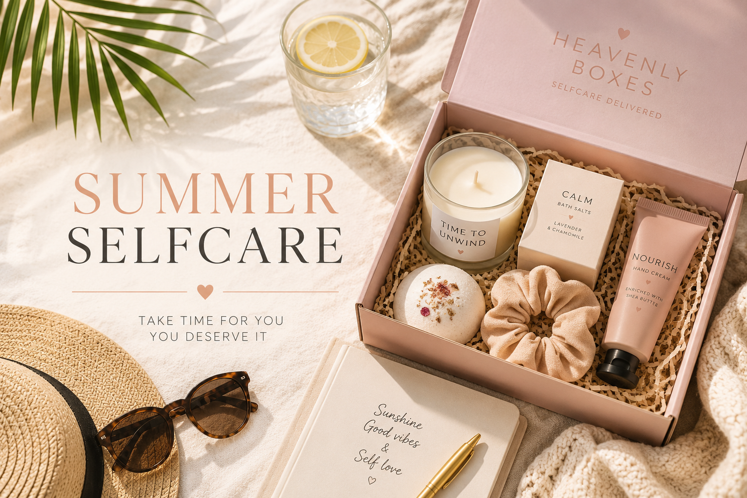 Summer self care gift box filled with cooling treats and wellness products from Heavenly Boxes