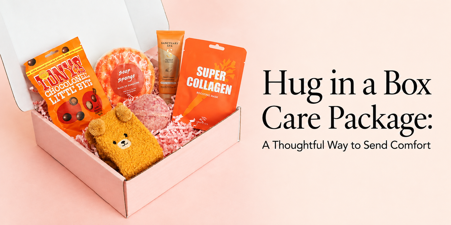 Hug in a box care package filled with comforting self-care treats and pamper essentials for her.