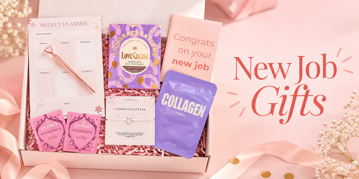 New job gifts for her featuring a thoughtful congratulations gift box with planner, chocolate, tea and self-care treats.