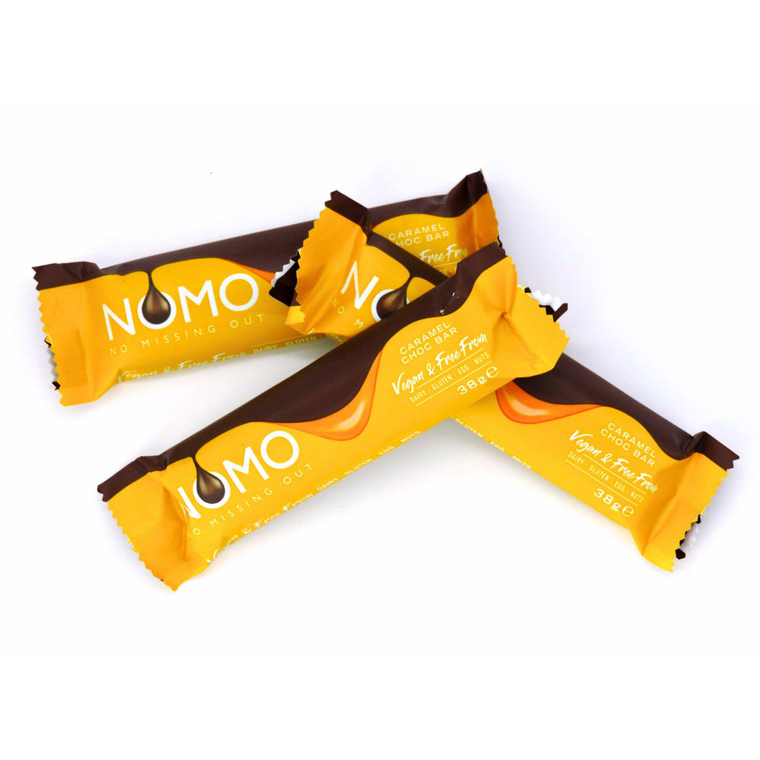 NOMO Caramel - 1pc: Close-up of a vegan chocolate bar with caramel filling, showcasing its smooth texture, perfect for allergen-free indulgence.