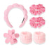 6pcs Hairband Set Pink featuring a plush scalloped headband, flower-shaped hair clip, two satin scrunchies, and two plush scrunchies on a white surface. Ideal gift for her