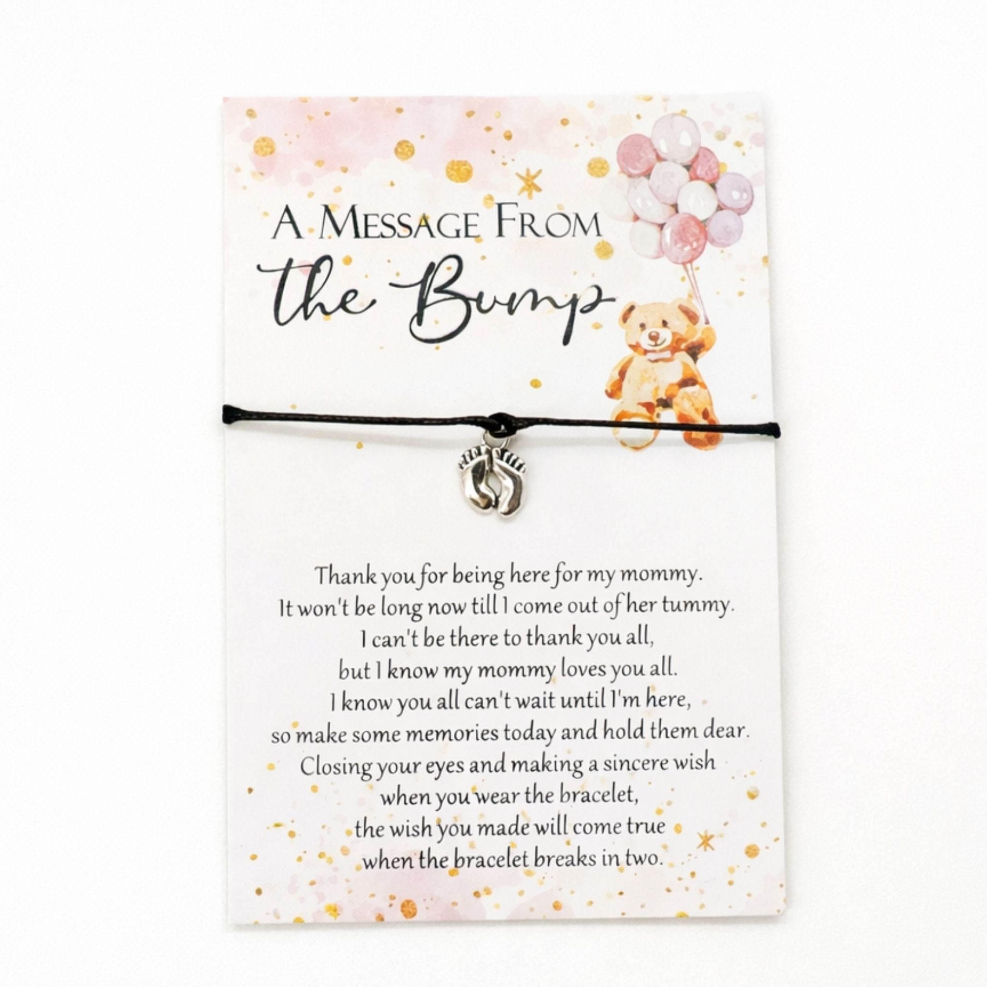 A Message from the Bump Bracelet featuring a delicate bracelet with a tiny baby feet charm on a message card, symbolizing motherhood excitement.