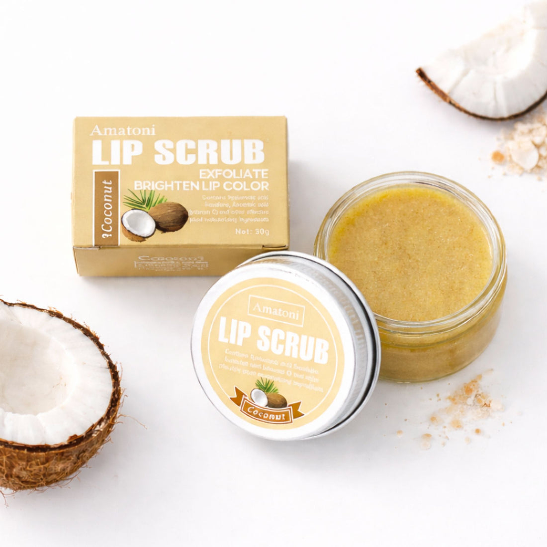 Close-up of Amatoni Coconut Lip Scrub in a round container, showcasing its exfoliating powder texture, perfect for softening and nourishing lips.